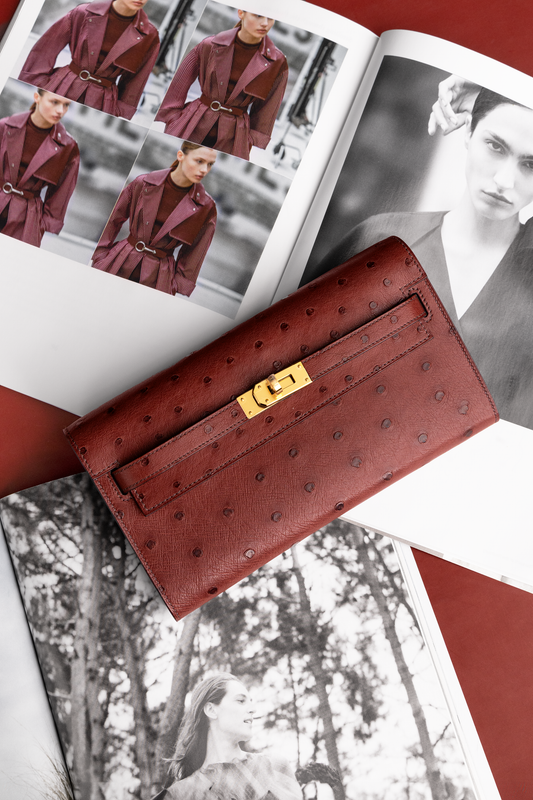 Hermès Kelly Wallet To Go Ostrich in Rouge H GHW