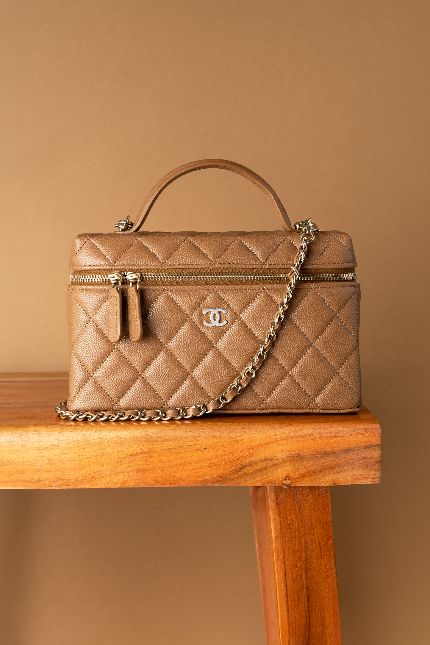 Chanel Vanity Case with Chain in Camel