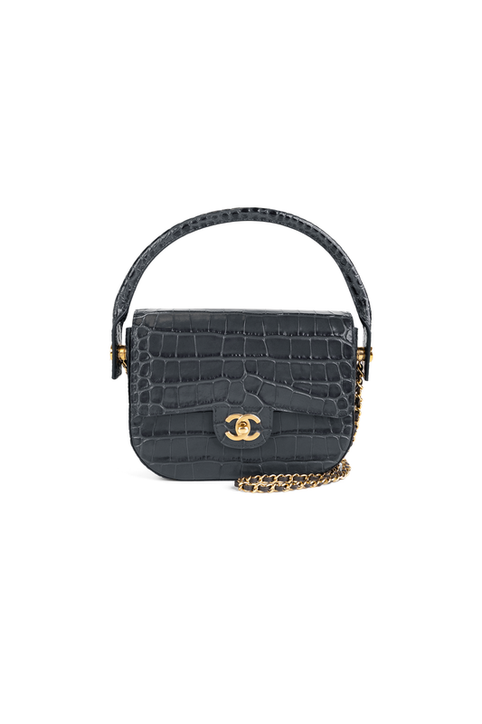 Chanel Mini Flap Bag with Top Handle & Chain in Crocodile Embossed Grey