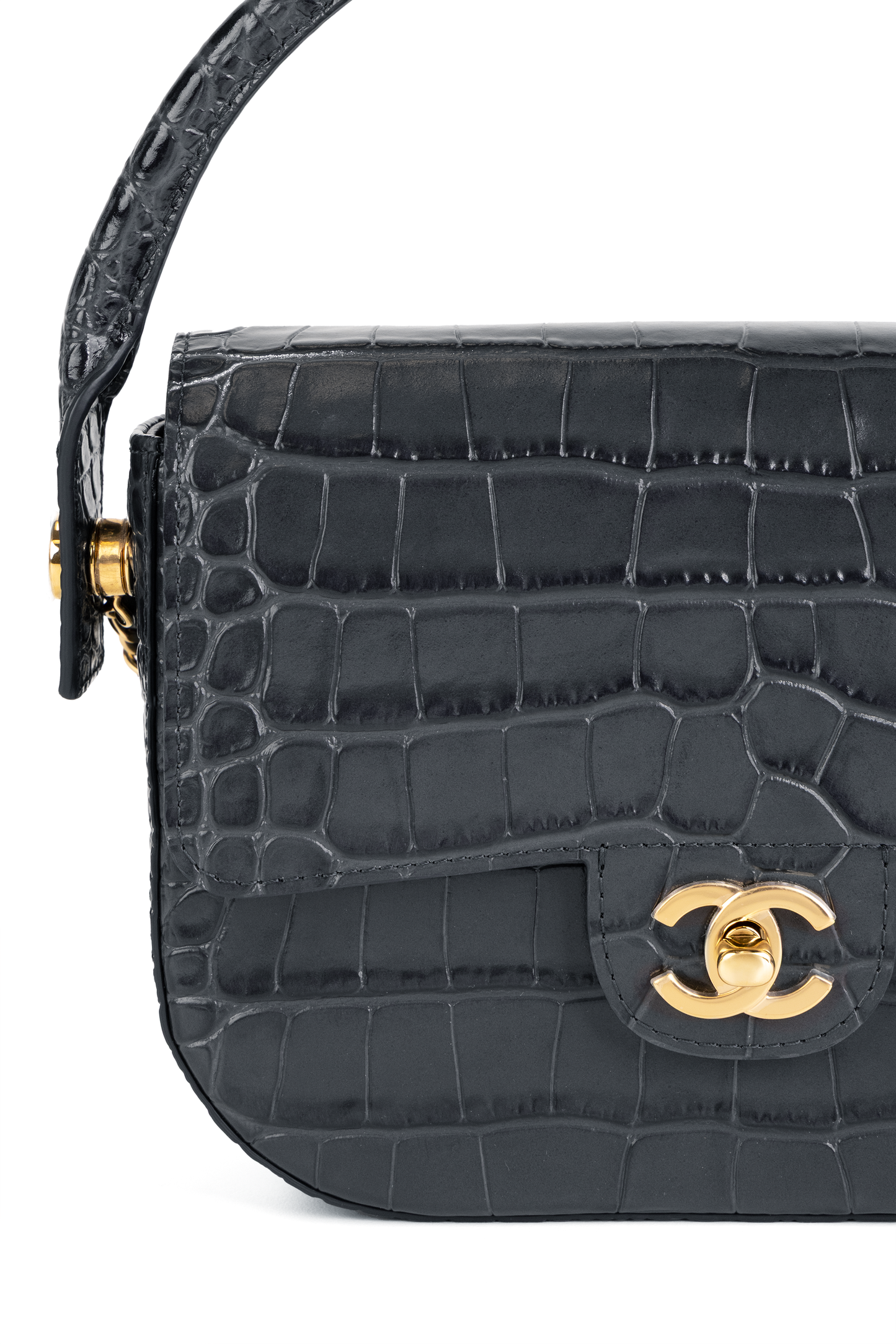 Chanel Mini Flap Bag with Top Handle & Chain in Crocodile Embossed Grey