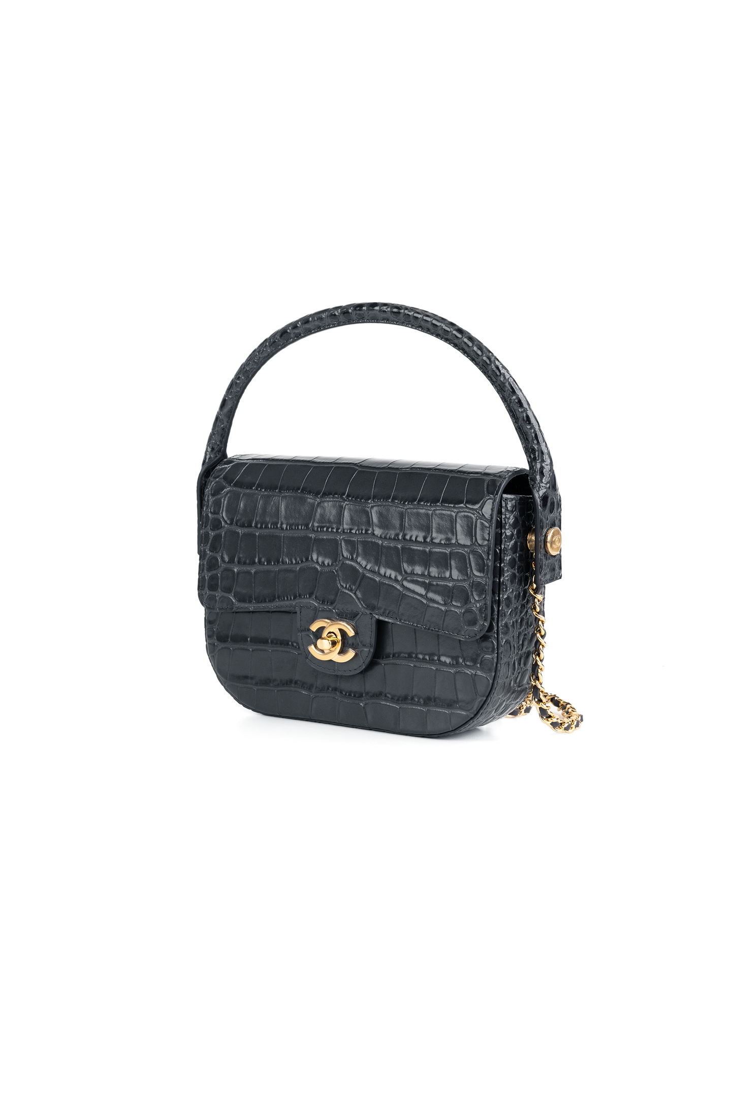 Chanel Mini Flap Bag with Top Handle & Chain in Crocodile Embossed Grey
