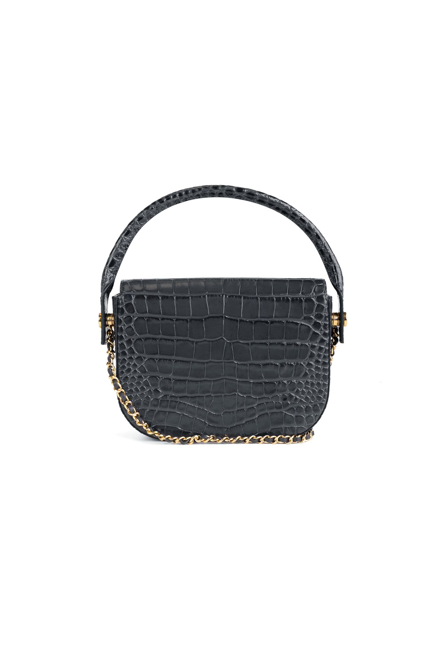 Chanel Mini Flap Bag with Top Handle & Chain in Crocodile Embossed Grey