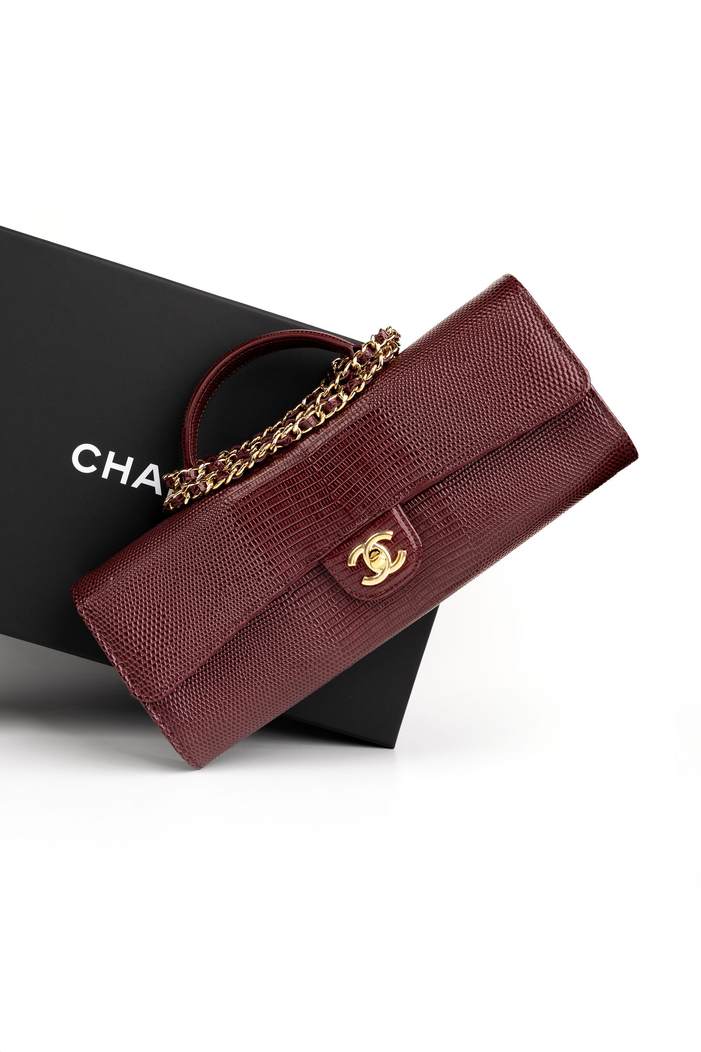 Chanel Clutch with Top Handle & Chain in Burgundy Lizard