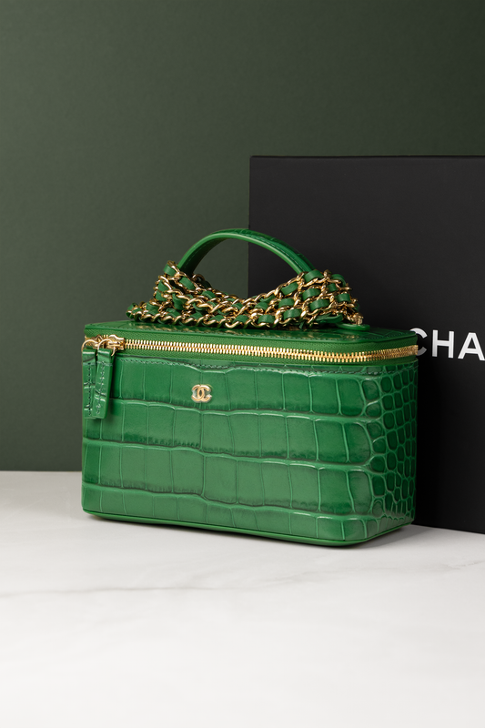 Chanel Green Crocodile Embossed Vanity Case with Chain