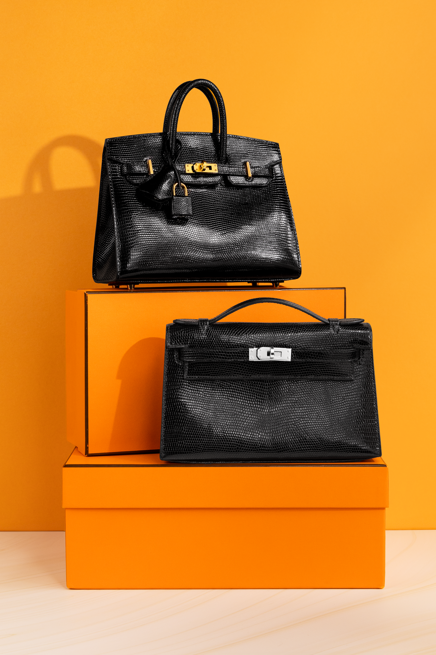 Hermès Birkin 20 Sellier Lizard in Black GHW & Hermès Kelly Pochette Black Lizard PHW