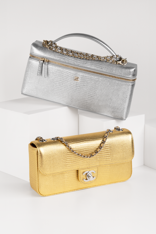 Chanel Silver Lizard Vanity Case with Chain & Flap Bag with Chain in Gold Lizard