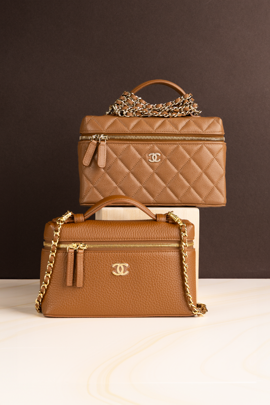 Chanel Vanity Case with Chain in Camel & Grained Calfskin Brown