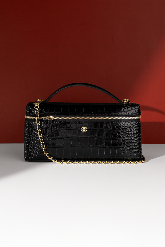 Chanel Croc Embossed Vanity with Chain in Black
