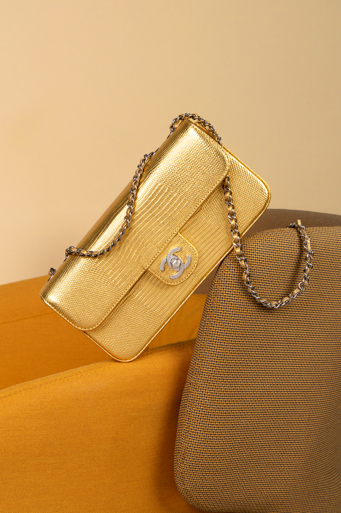 Chanel Flap Bag with Chain in Gold Lizard