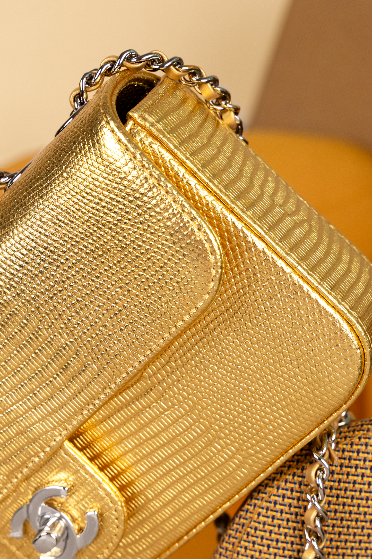 Chanel Flap Bag with Chain in Gold Lizard