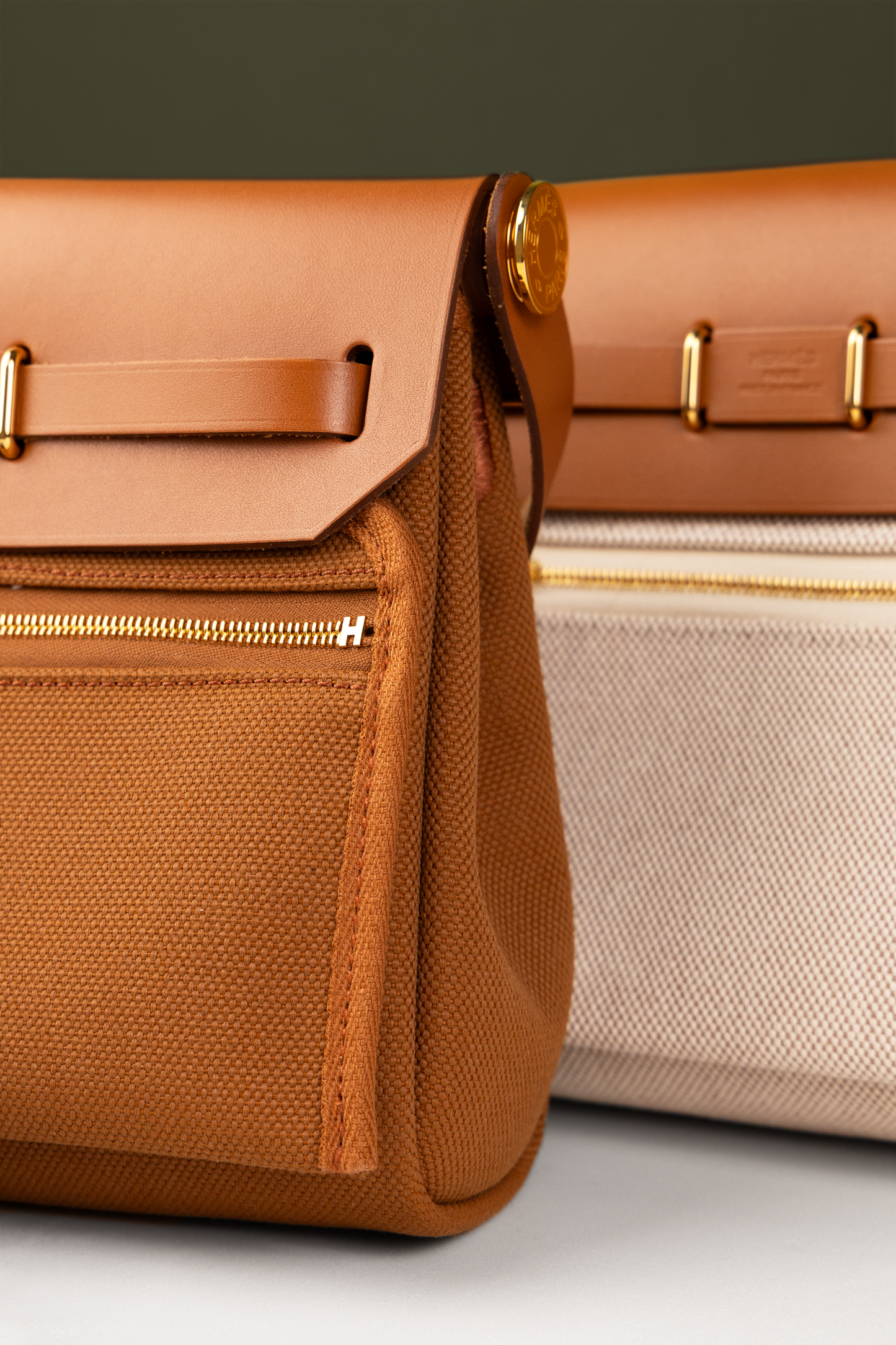 Hermès Mini Herbag Zip 20 Canvas in Fauve and Beige/Ecru Canvas & Fauve Vache Hunter with GHW