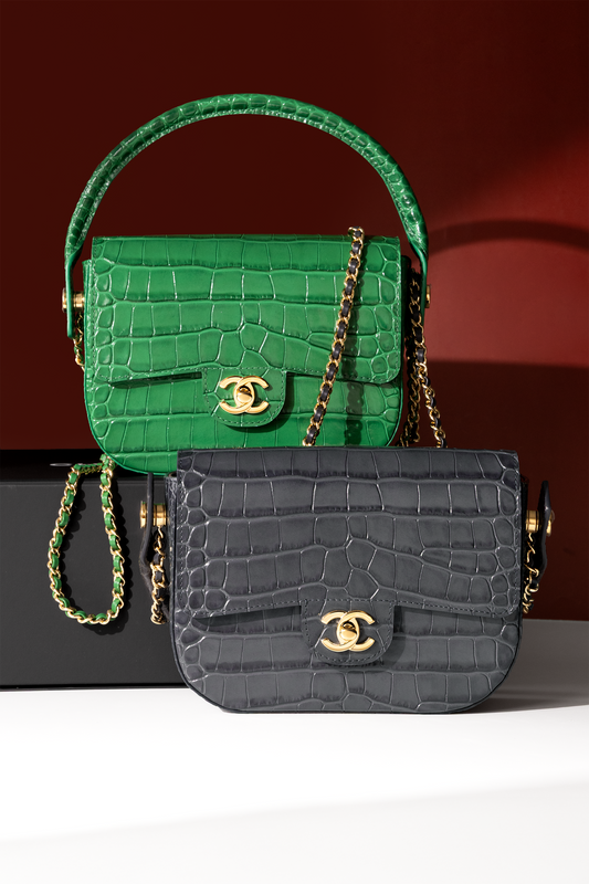 Chanel Mini Flap Bag with Top Handle in Green & Grey Crocodile Embossed Calfskin
