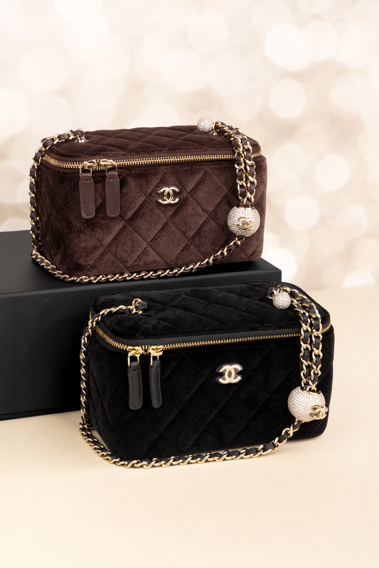 Chanel Suede Vanity with Adjustable Chain in Brown & Black