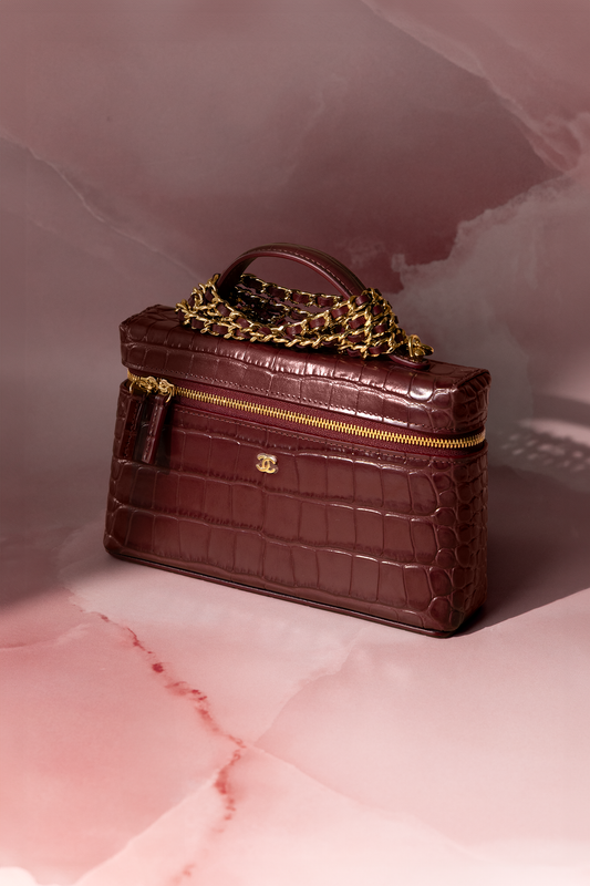 Chanel Burgundy Crocodile Embossed Vanity Case with Chain