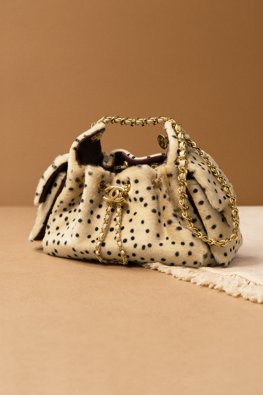 Chanel Mini Fur Hobo 25 Bag in Light Beige/Black Polka Dots