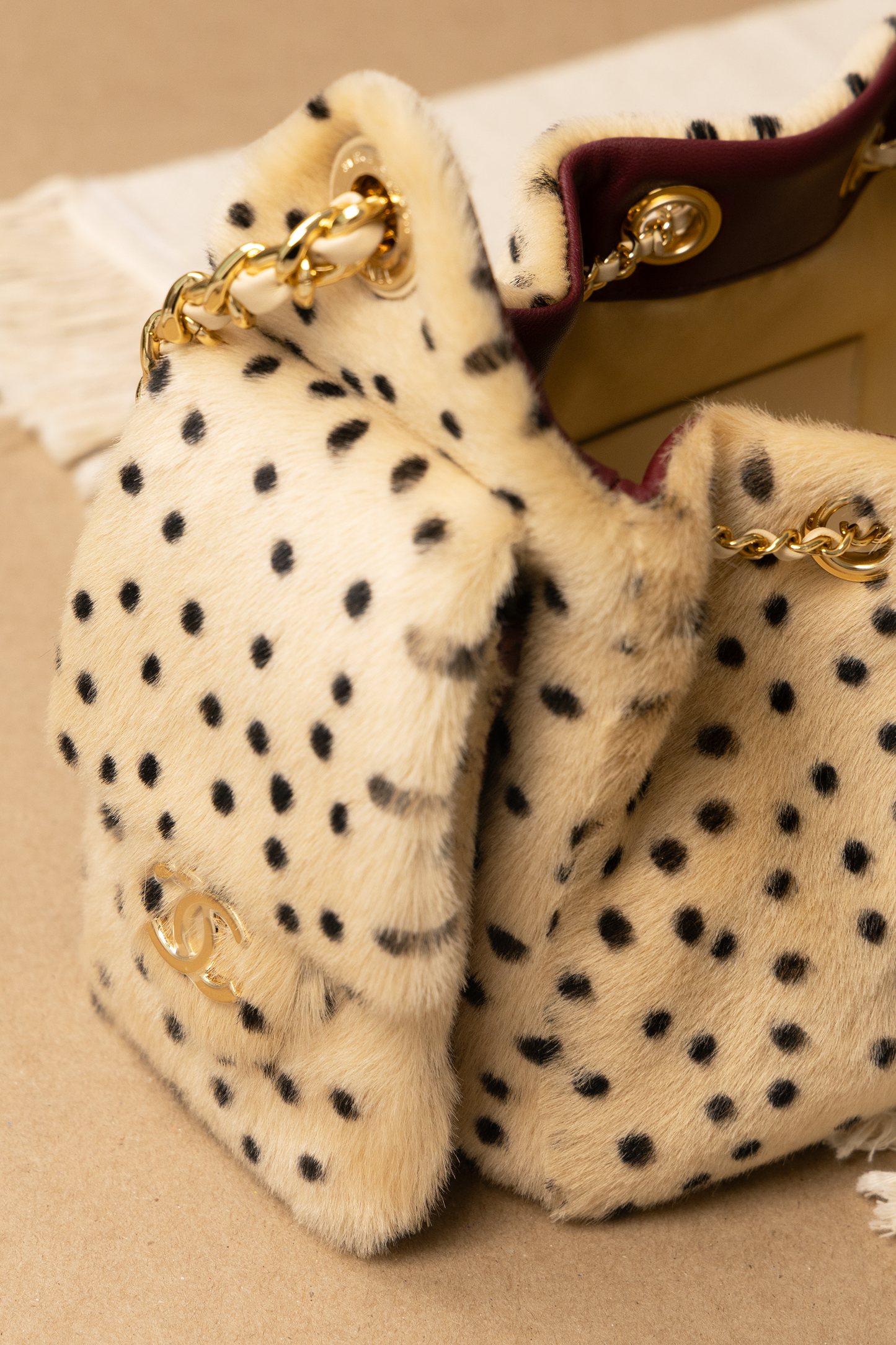 Chanel Mini Fur Hobo 25 Bag in Light Beige/Black Polka Dots