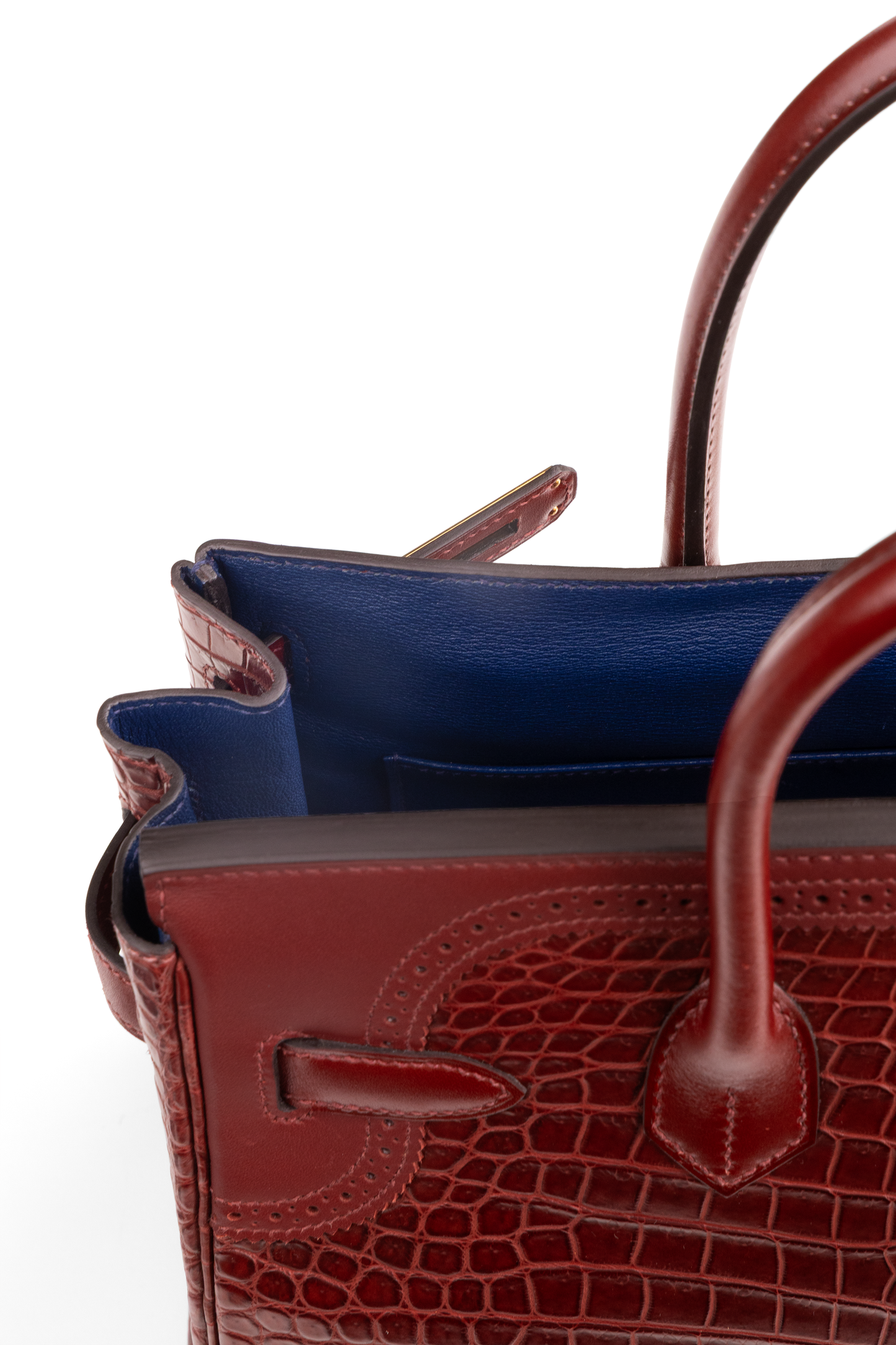 Hermès Limited Edition Birkin 30 Matte Porosus/Crocodile Swift Ghillies in Rouge H Bourgogne & Blue Sapphire Interior GHW