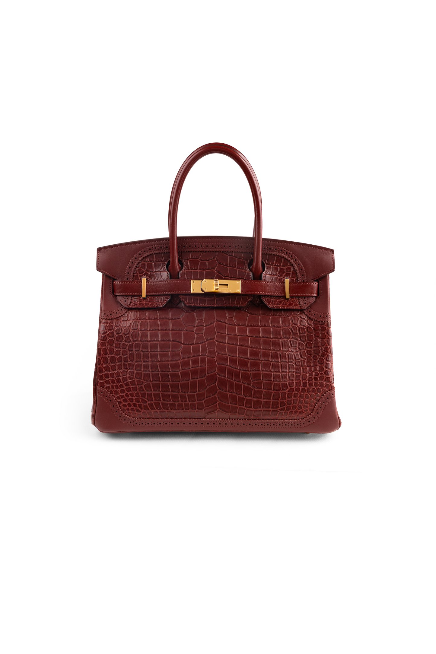 Hermès Limited Edition Birkin 30 Matte Porosus/Crocodile Swift Ghillies in Rouge H Bourgogne & Blue Sapphire Interior GHW