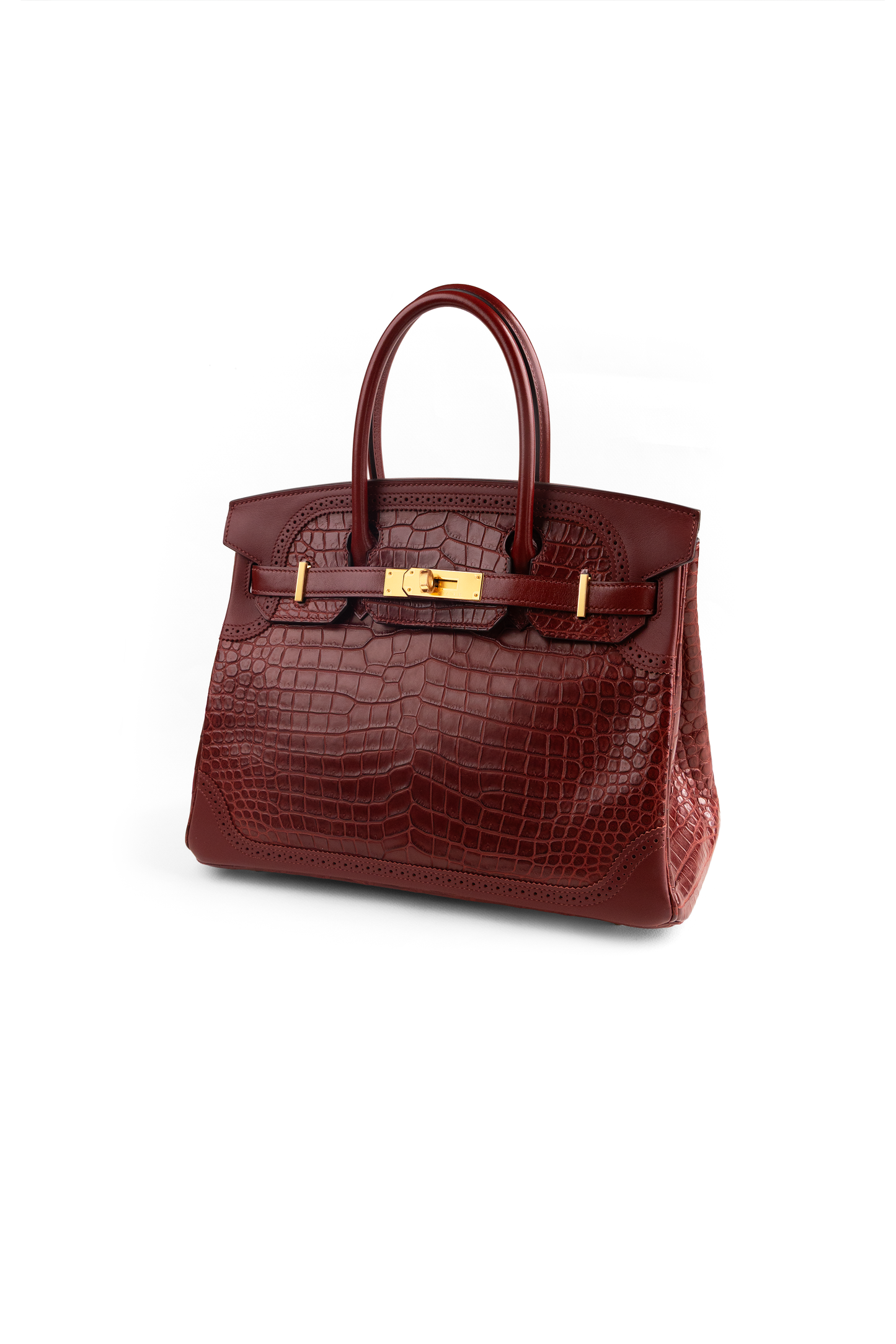 Hermès Limited Edition Birkin 30 Matte Porosus/Crocodile Swift Ghillies in Rouge H Bourgogne & Blue Sapphire Interior GHW