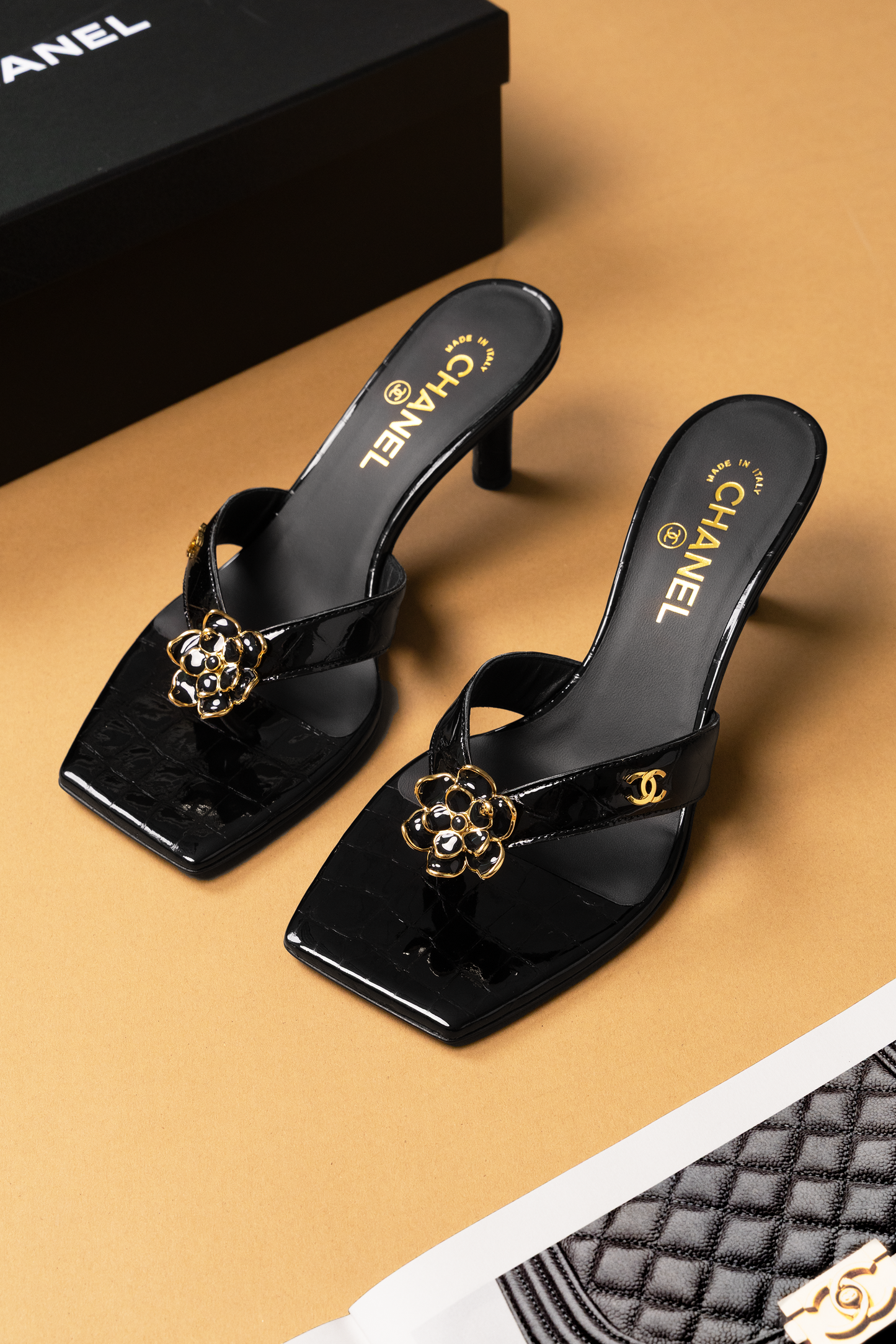 Chanel Black Crocodile Embossed Camellia Sandals