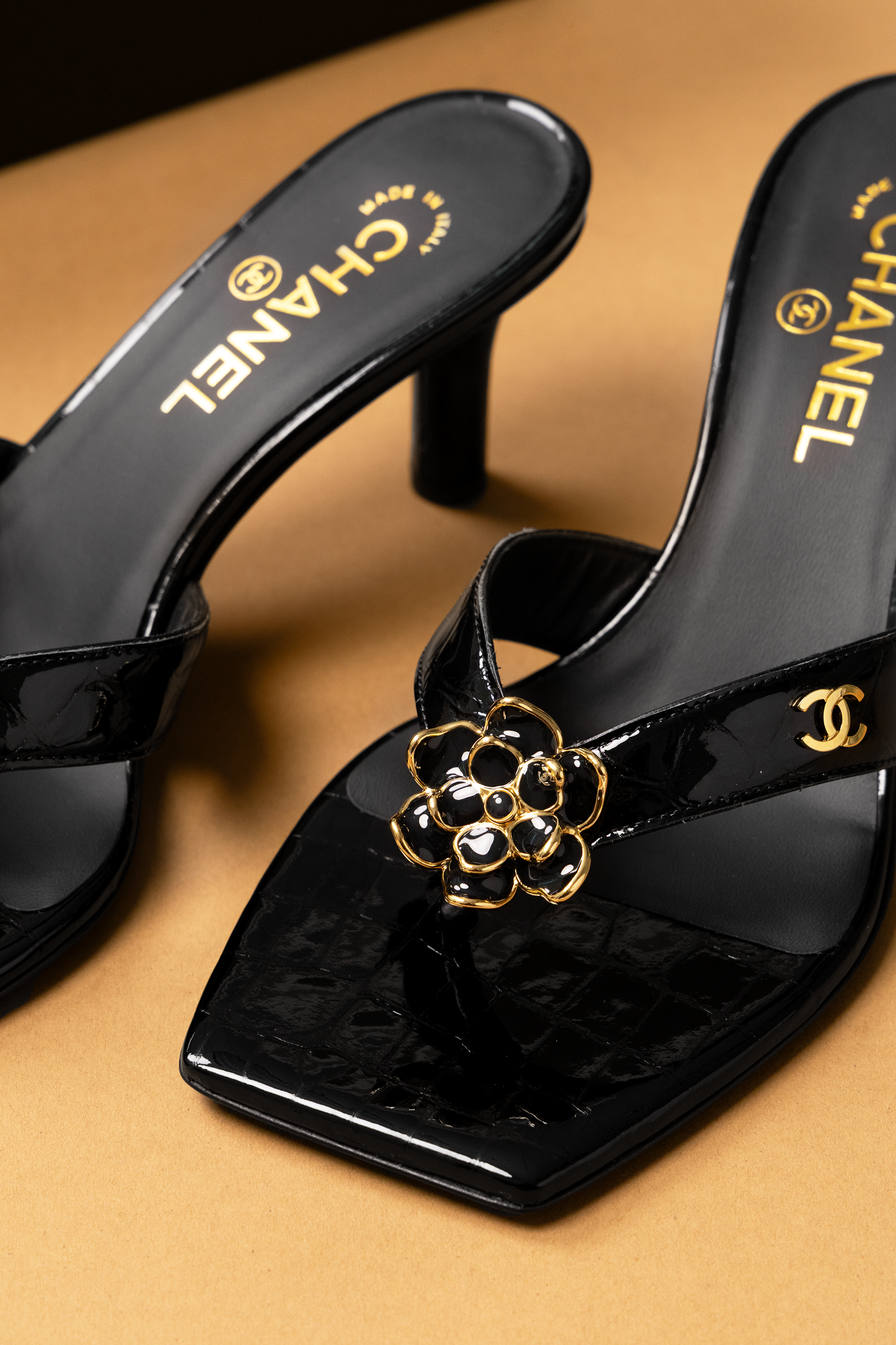 Chanel Black Crocodile Embossed Camellia Sandals