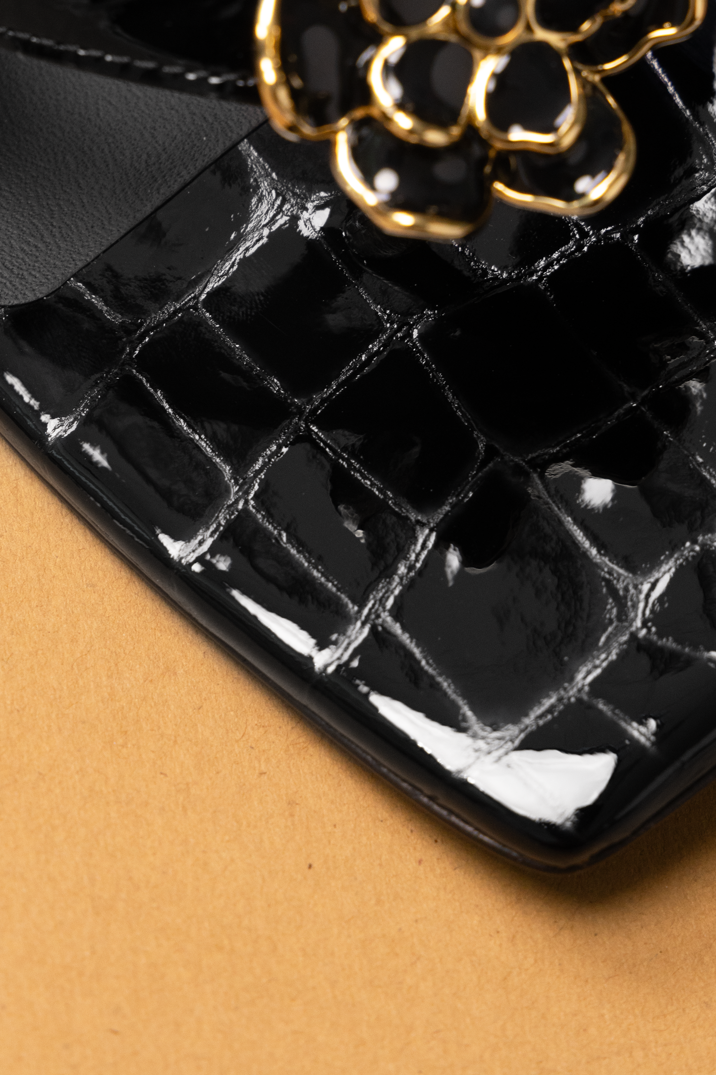 Chanel Black Crocodile Embossed Camellia Sandals