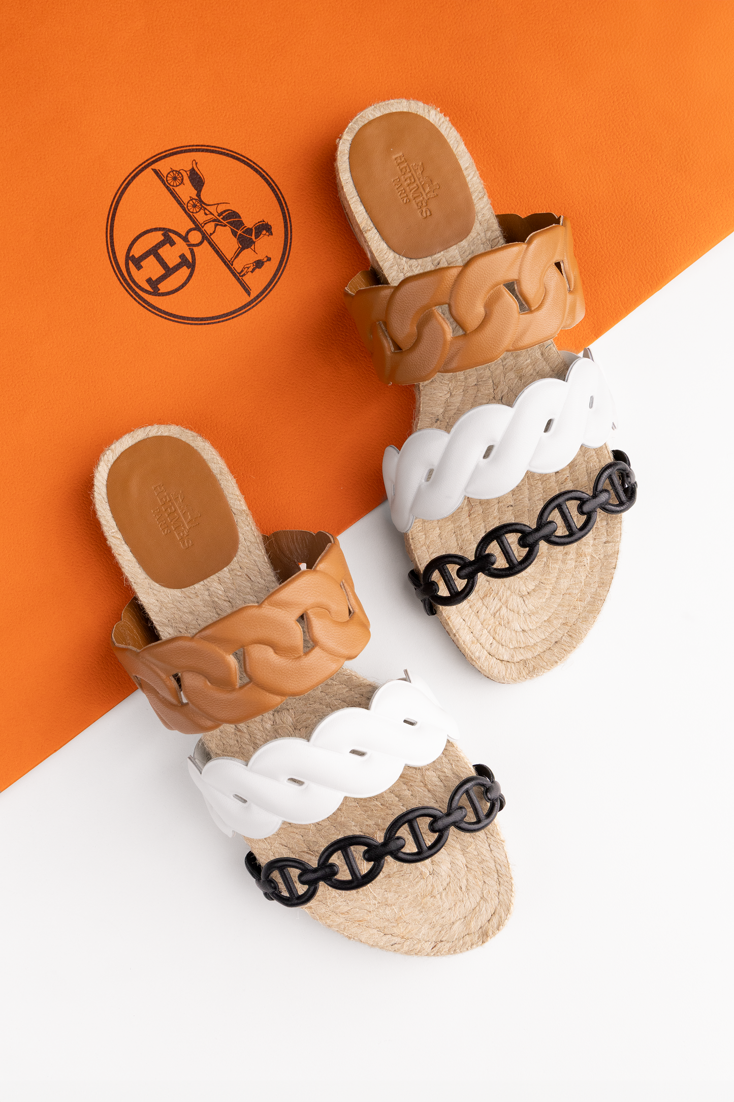 Hermès Gwen Espadrille Sandals in Black/White/Gold