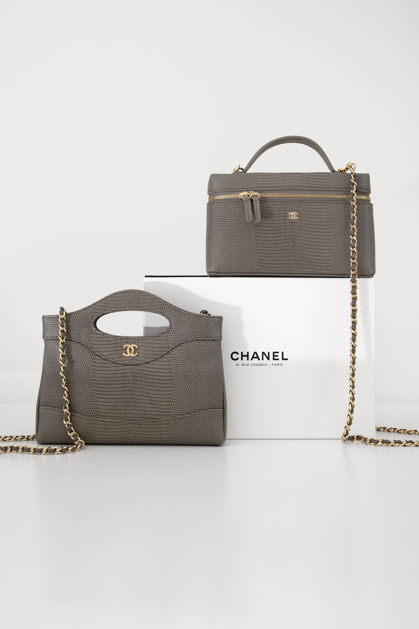 Chanel 31 Mini & Vanity Case with Chain in Dark Grey Lizard