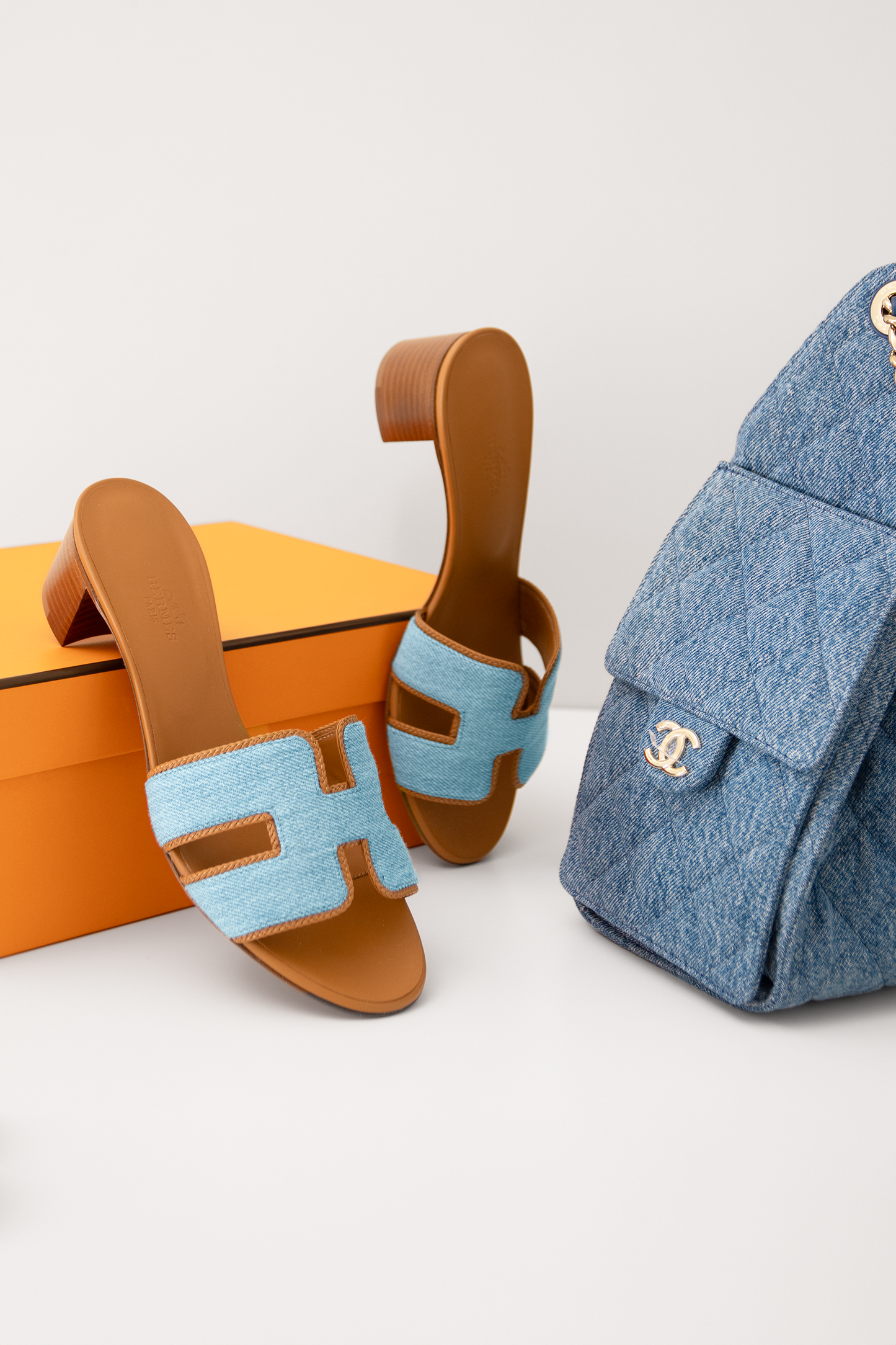 Hermès Denim/Gold Oasis Sandals