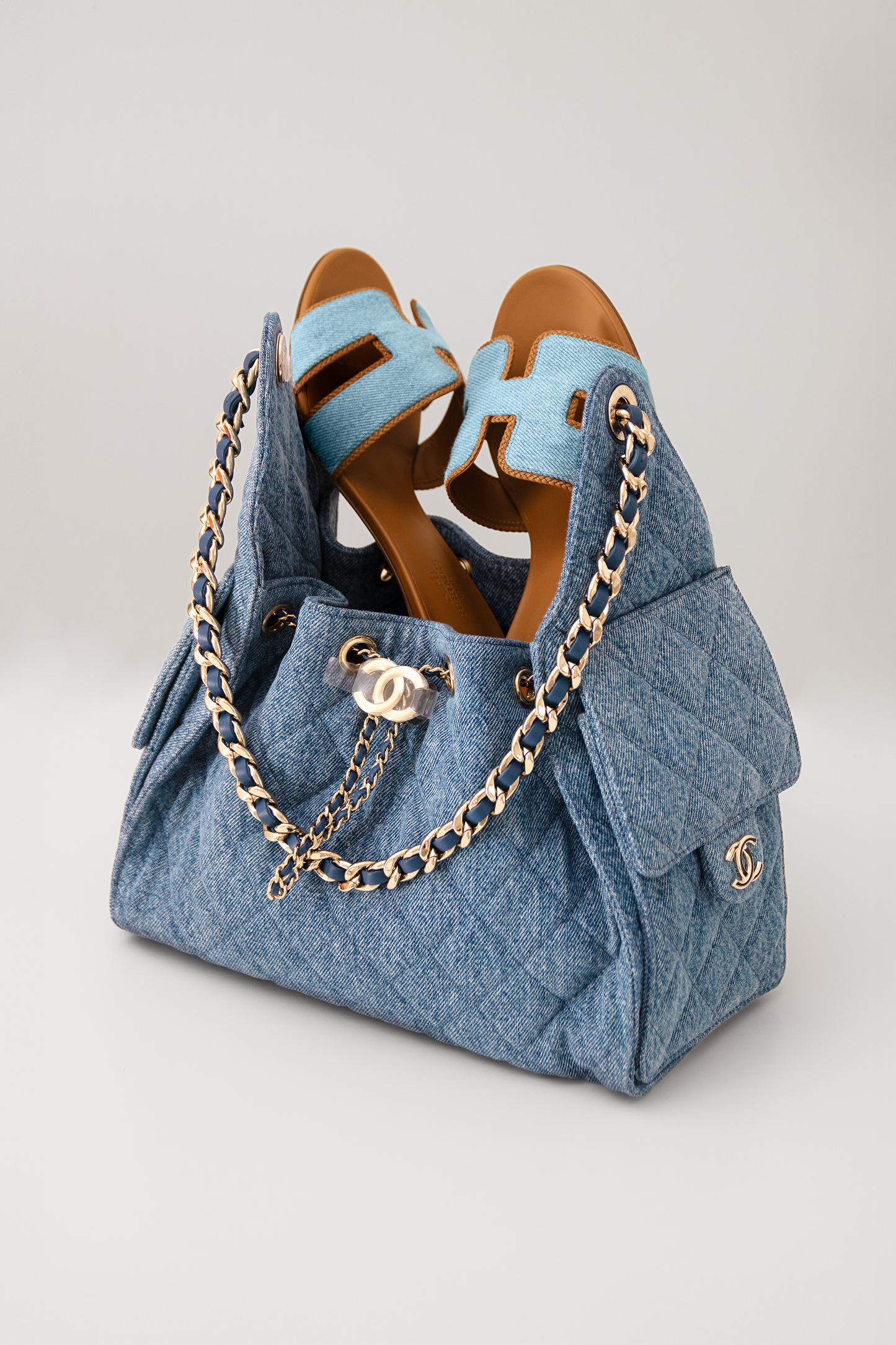 Chanel Small Denim Hobo 25 Bag & Hermès Denim Gold Oasis Sandals