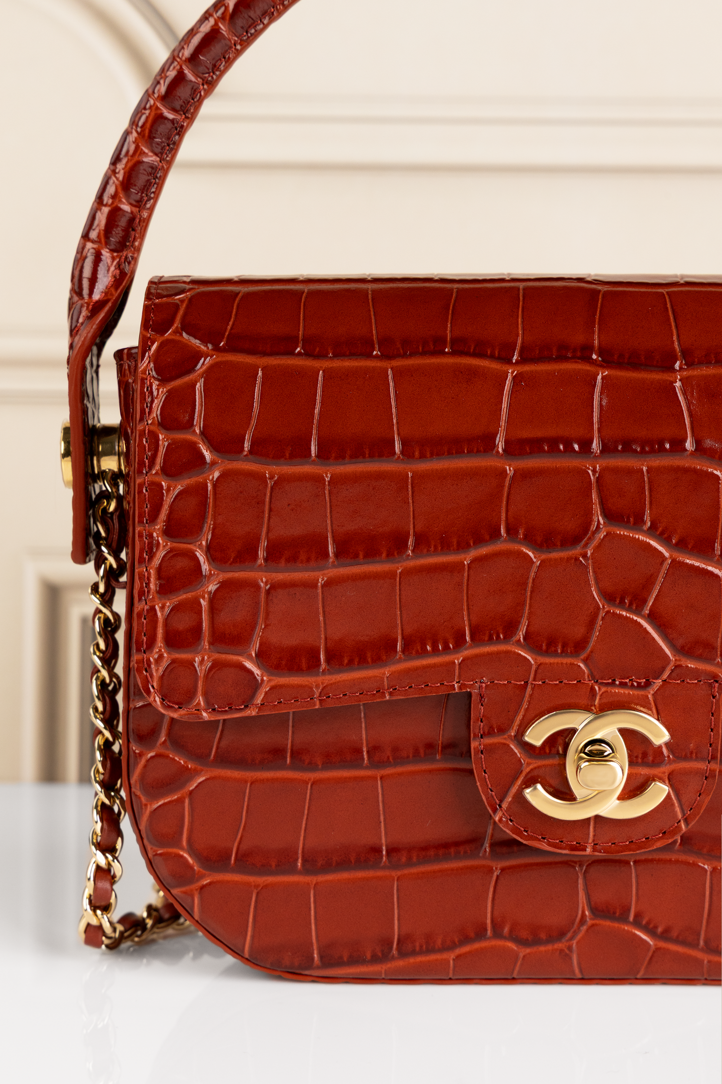 Chanel Mini Flap Bag with Top Handle & Chain in Cognac