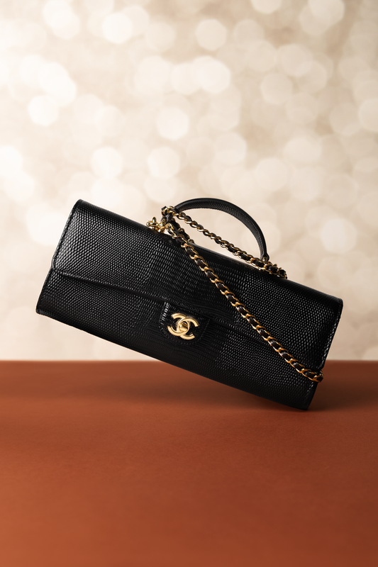 Chanel Clutch with Top Handle & Chain in Black Lizard