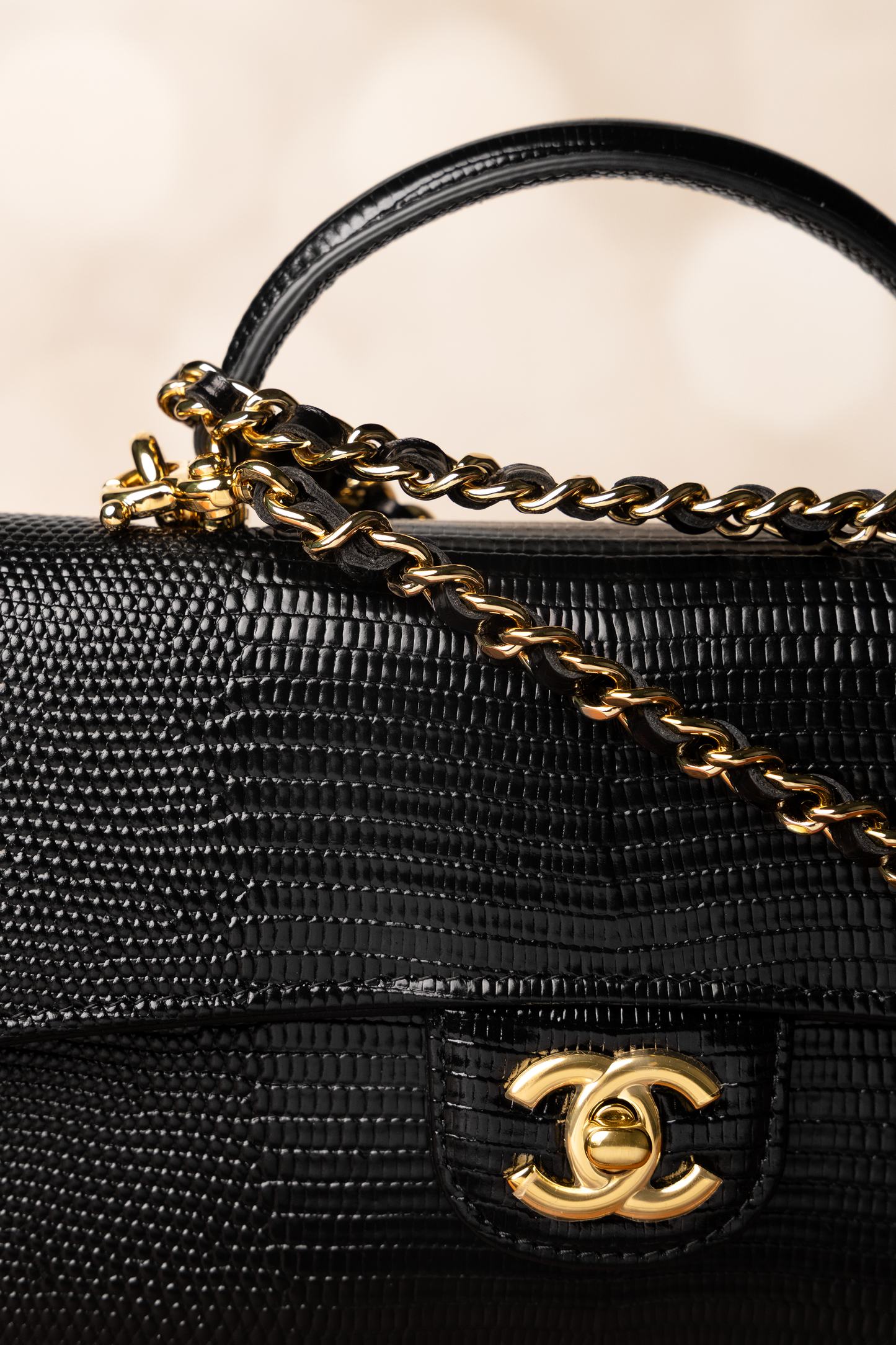 Chanel Clutch with Top Handle & Chain in Black Lizard