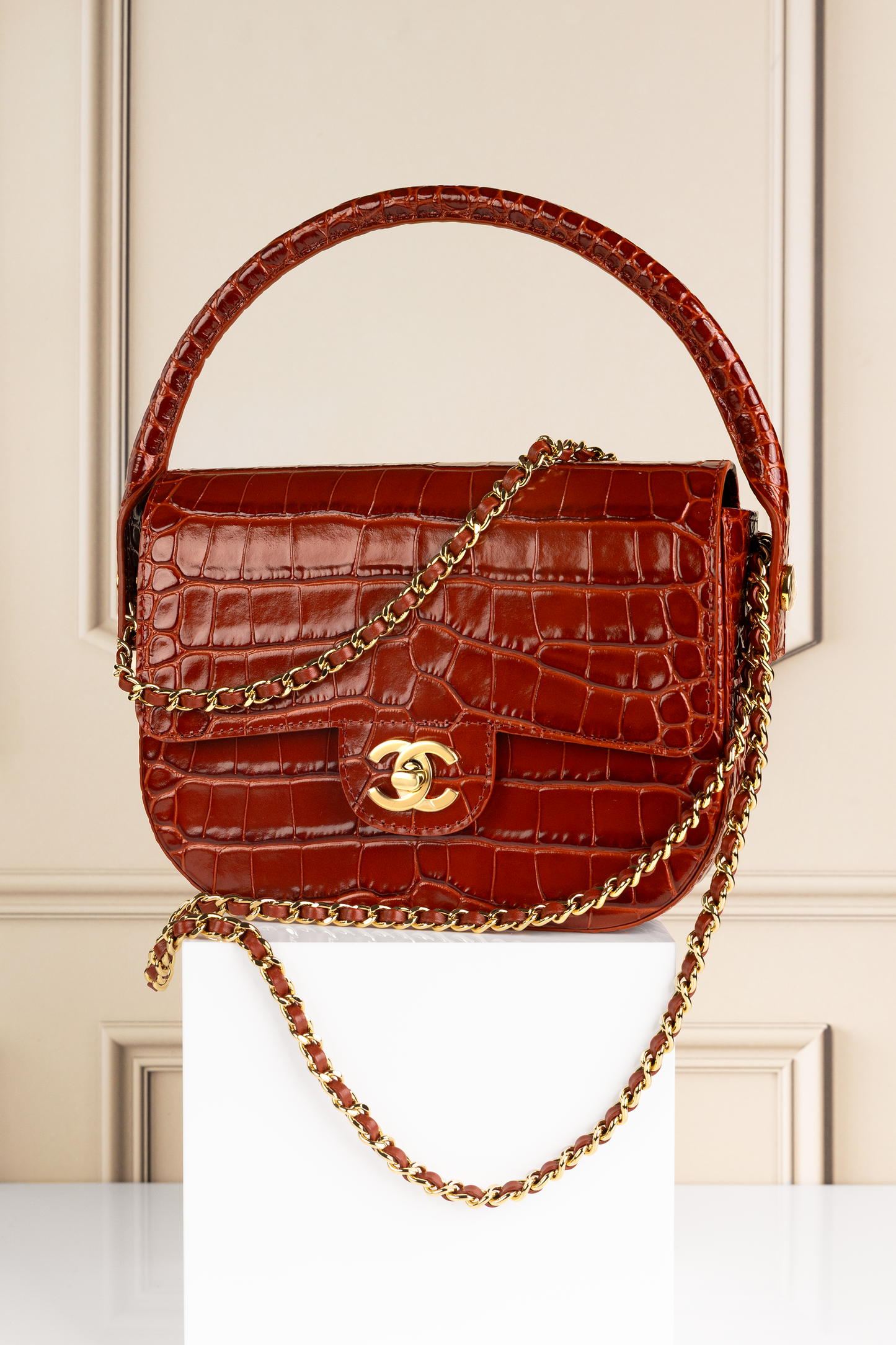 Chanel Mini Flap Bag with Top Handle & Chain in Cognac