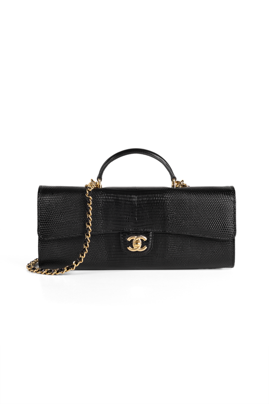 Chanel Clutch with Top Handle & Chain in Black Lizard