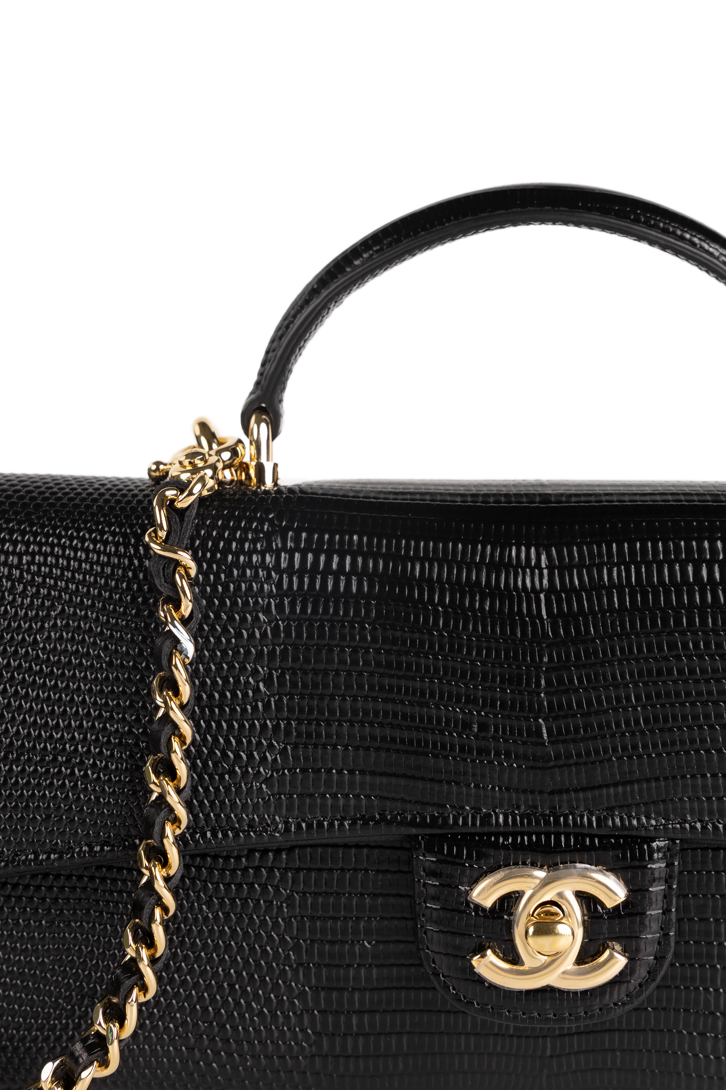 Chanel Clutch with Top Handle & Chain in Black Lizard