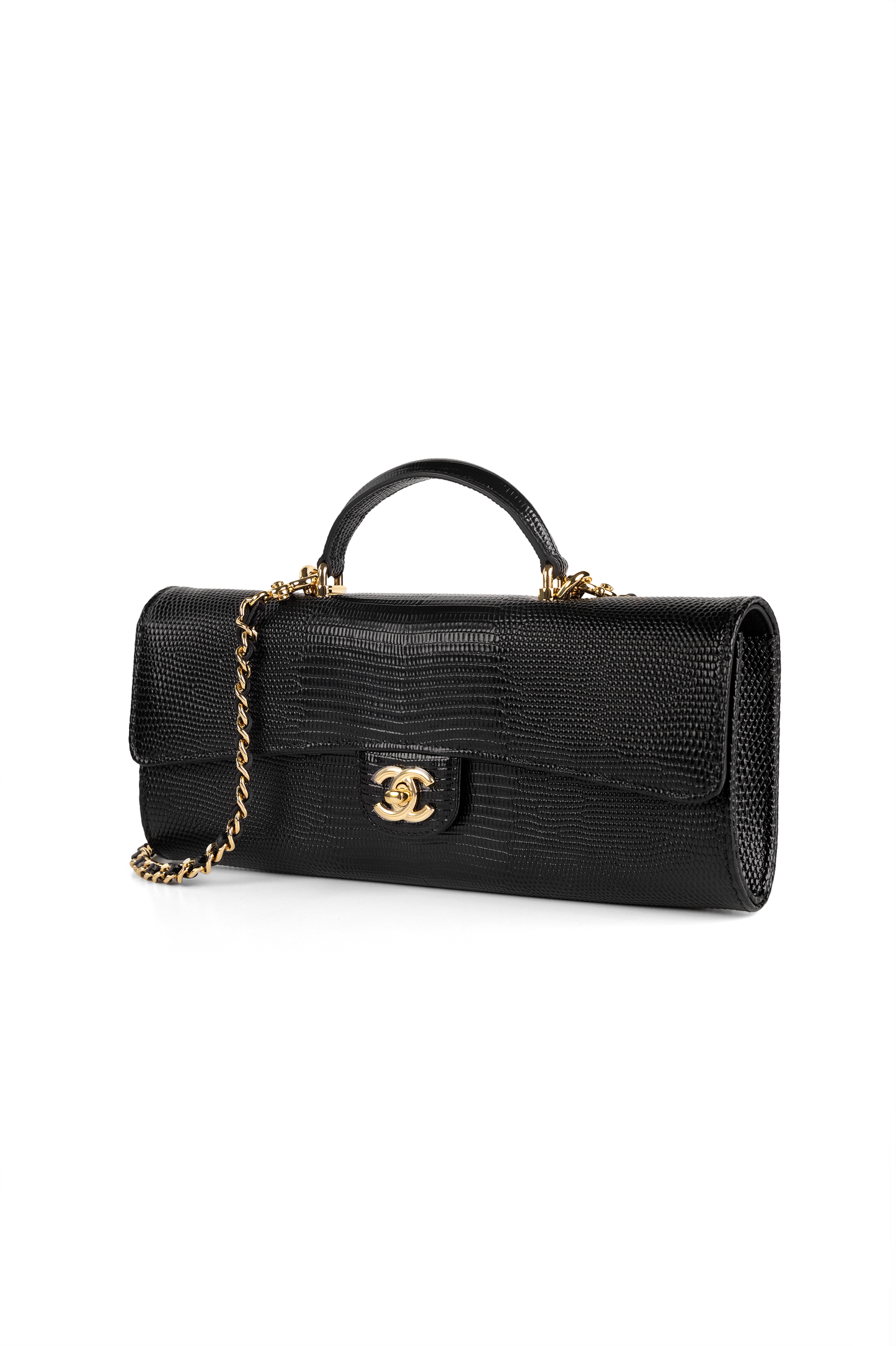 Chanel Clutch with Top Handle & Chain in Black Lizard