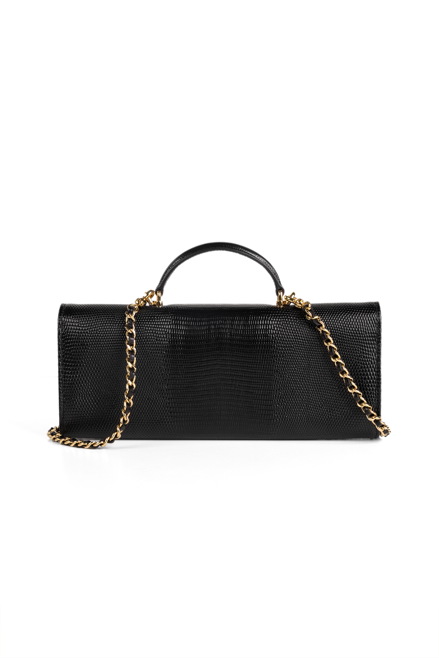 Chanel Clutch with Top Handle & Chain in Black Lizard