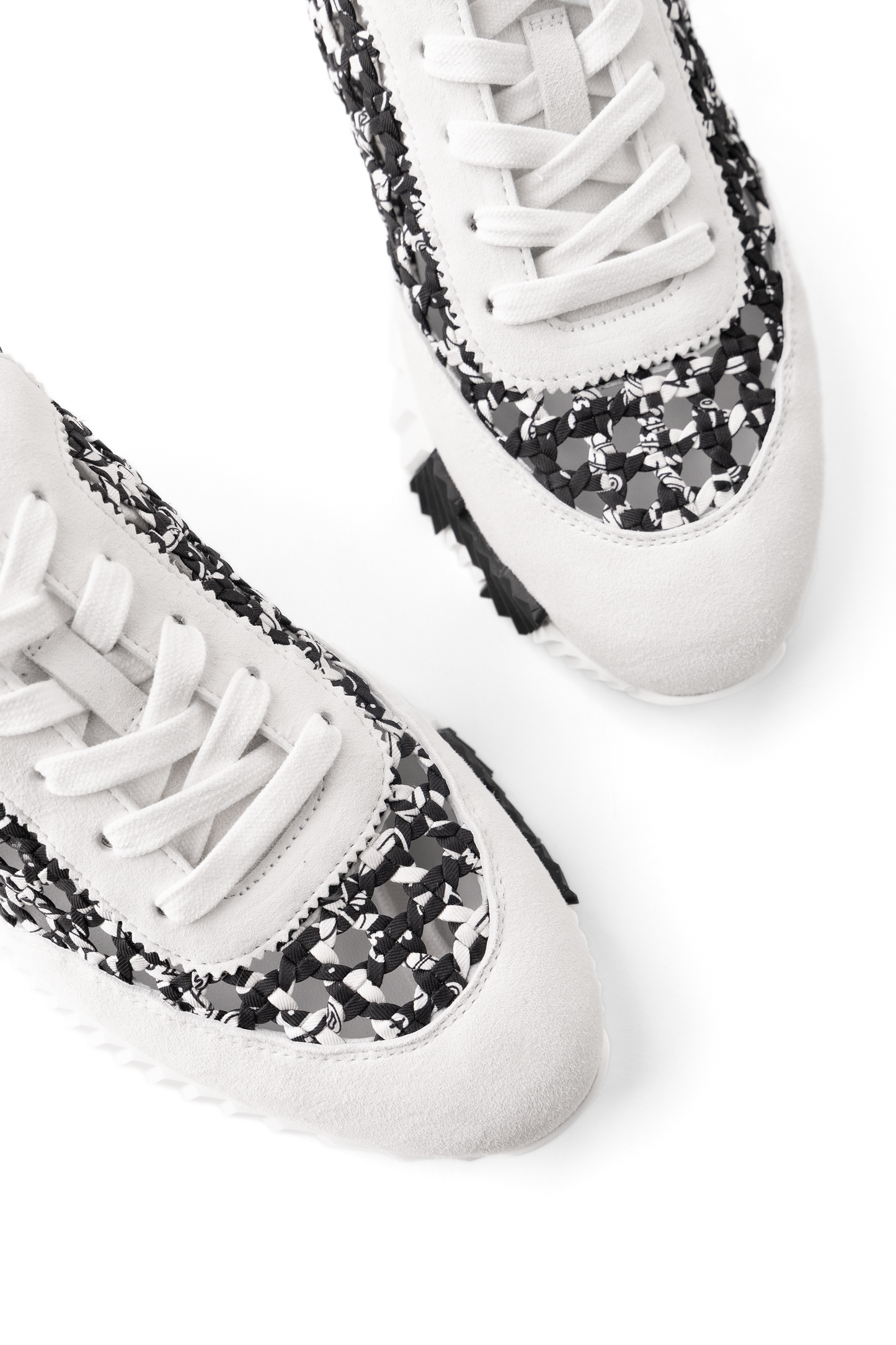 Hermès Braided Silk Suede Bouncing Sneakers in White/Black
