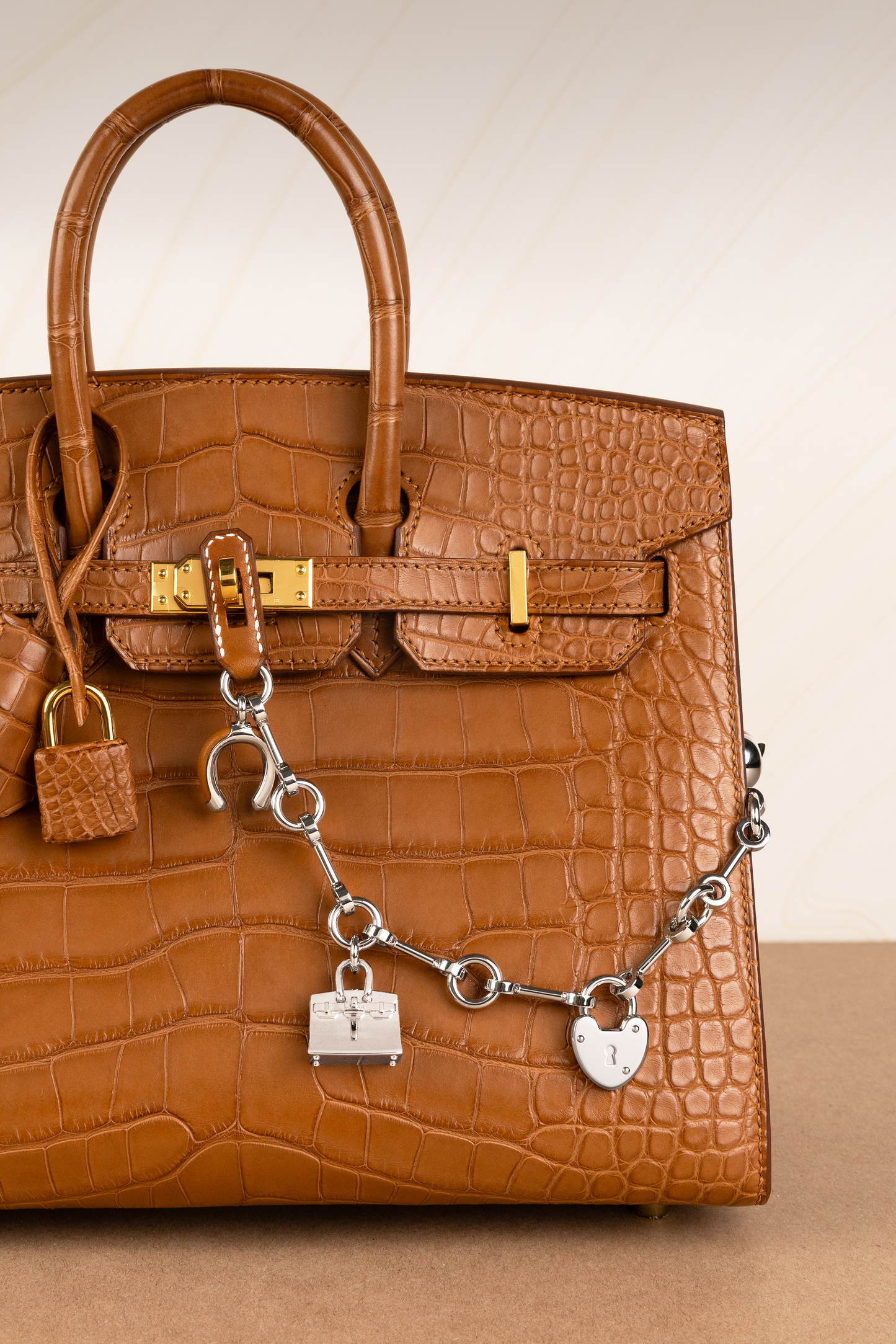 Hermès Birkin 25 Matte Alligator Sellier Gold GHW with Bijou de Birkin N°1 Charm