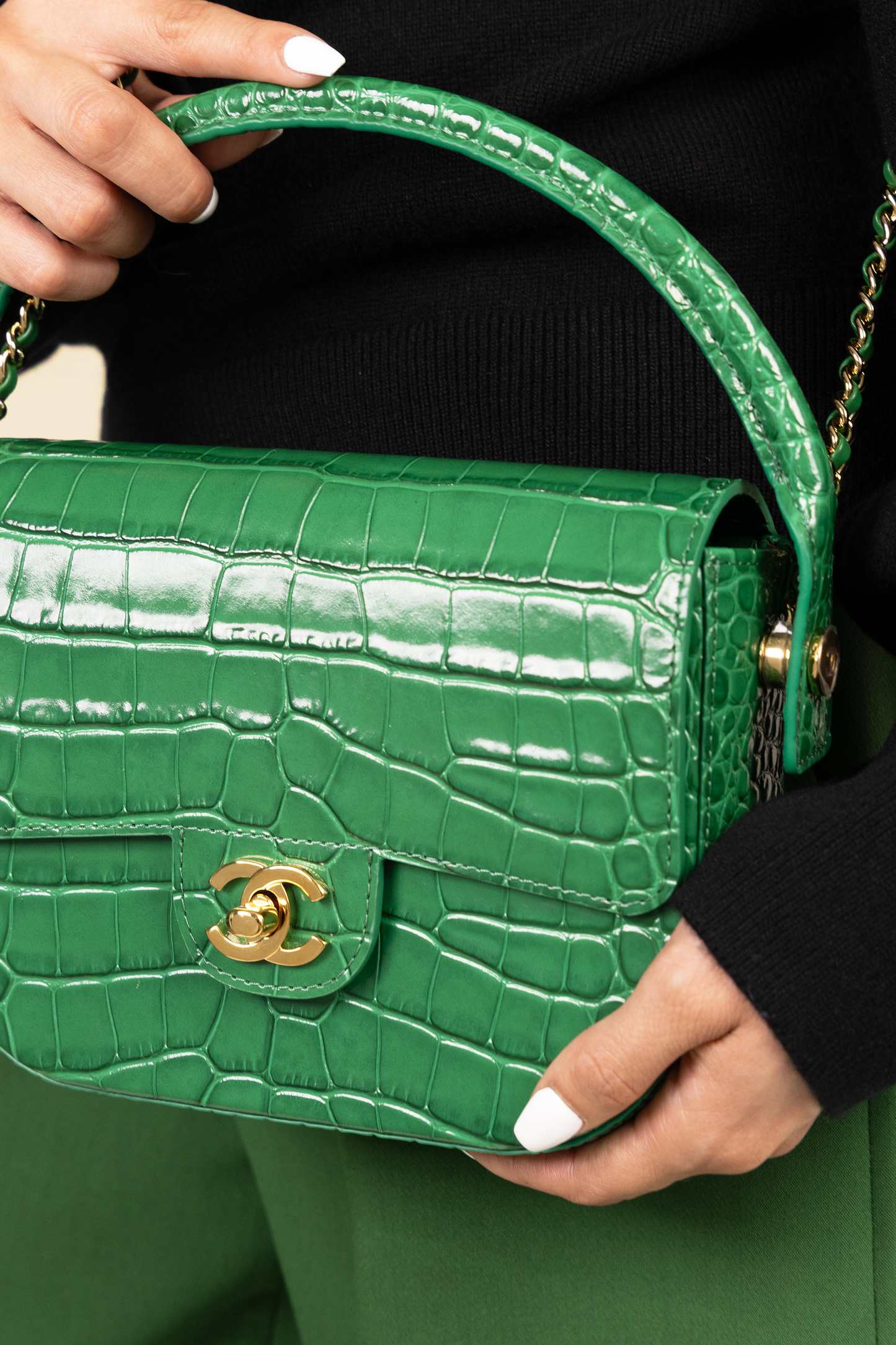 Chanel Black Pullover & Mini Flap Bag with Top Handle & Chain in Green