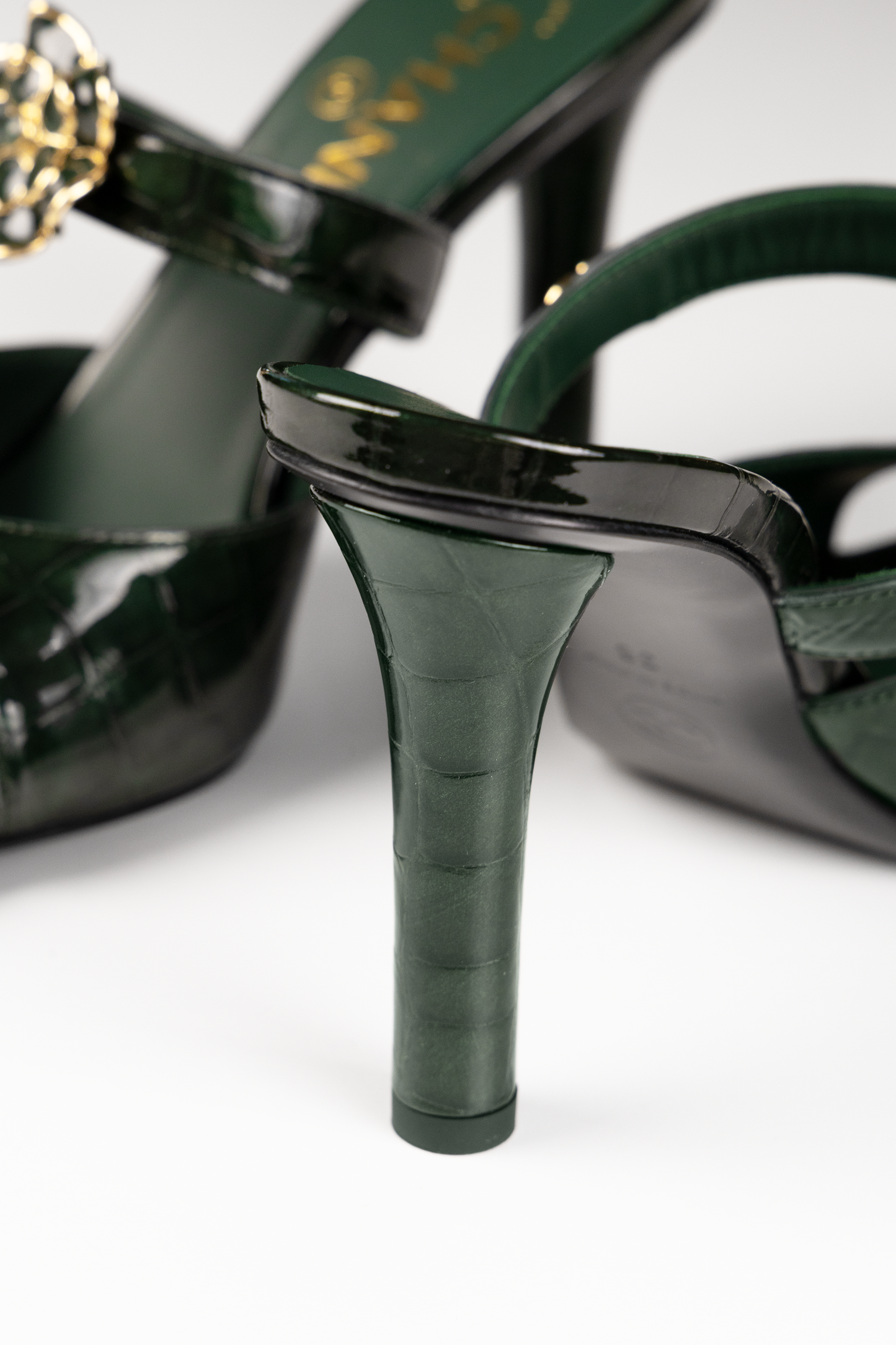 Chanel Crocodile Embossed Patent Calfskin Mules in Dark Green