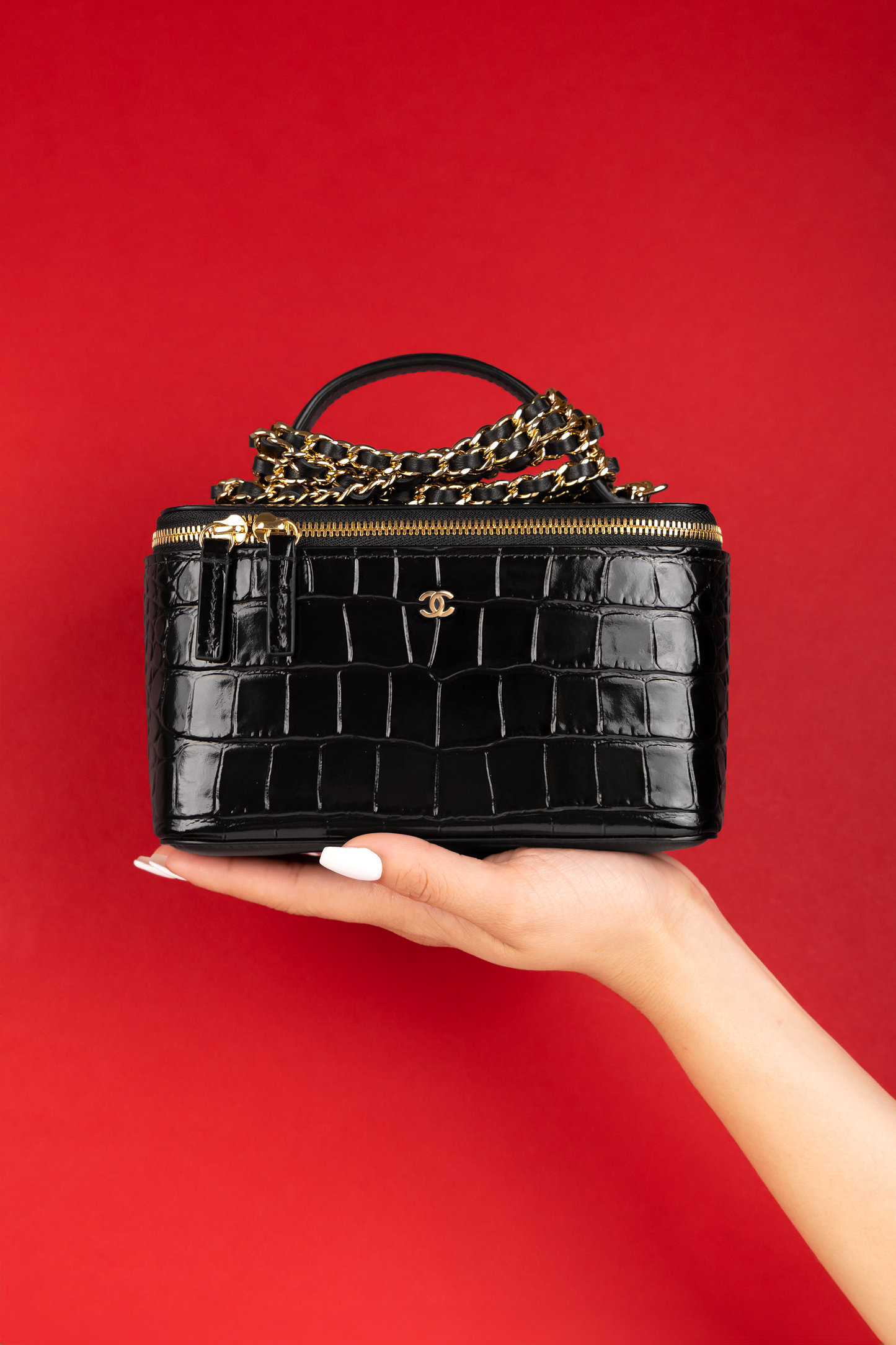 Chanel Black Crocodile Embossed Vanity Case with Chain