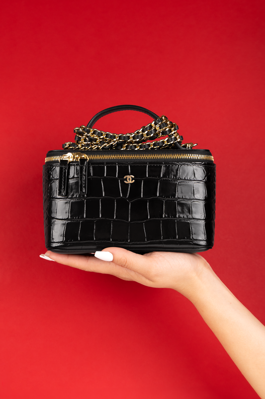 Chanel Black Crocodile Embossed Vanity Case with Chain