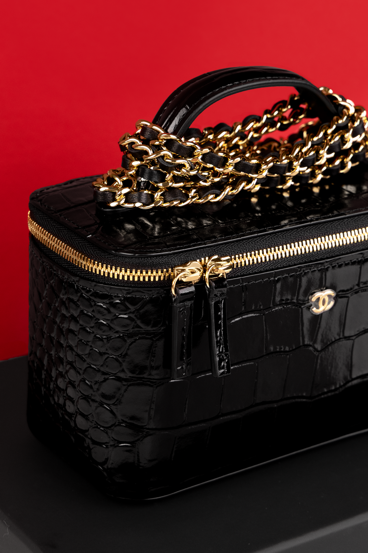 Chanel Black Crocodile Embossed Vanity Case with Chain