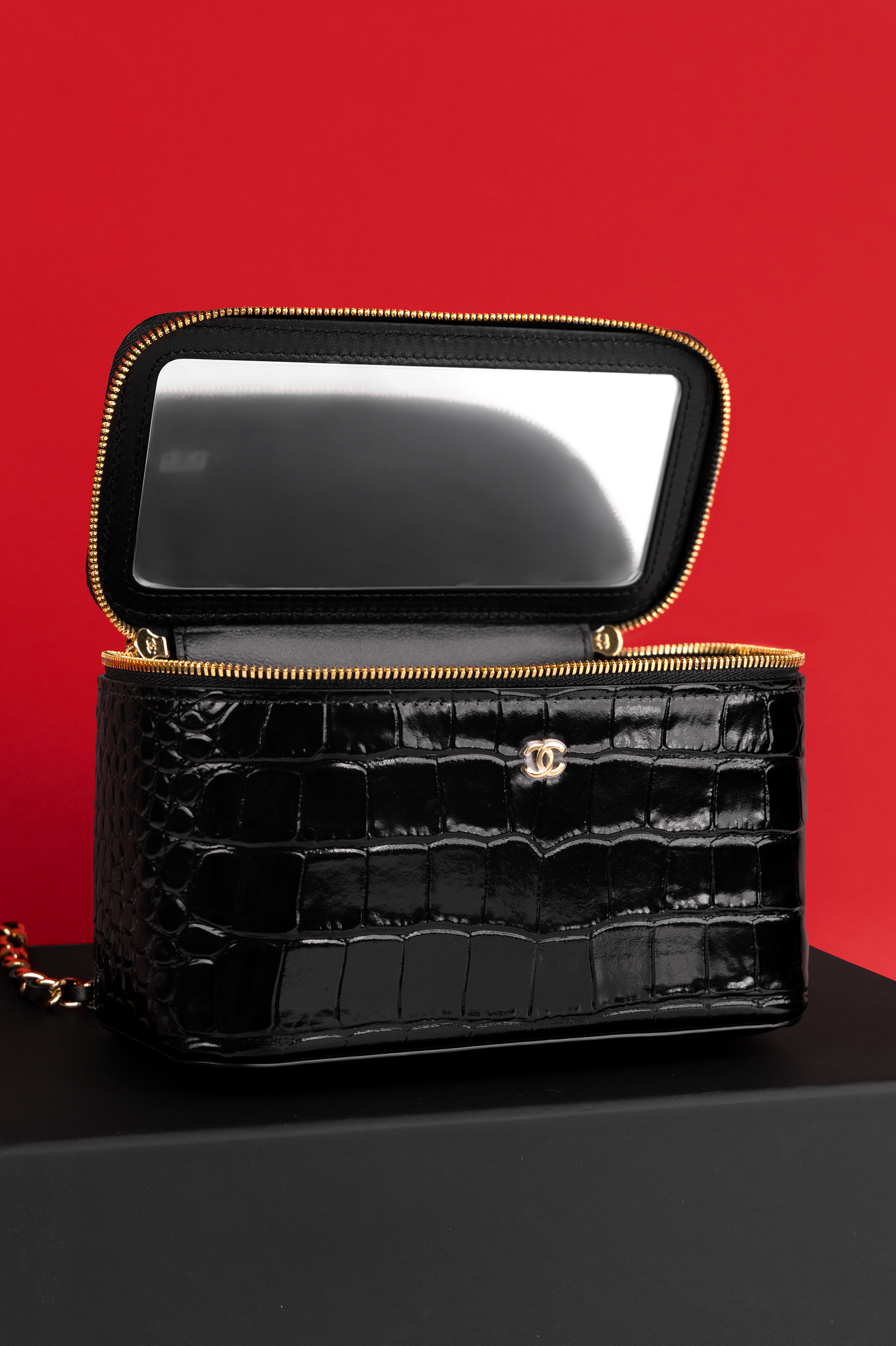 Chanel Black Crocodile Embossed Vanity Case with Chain