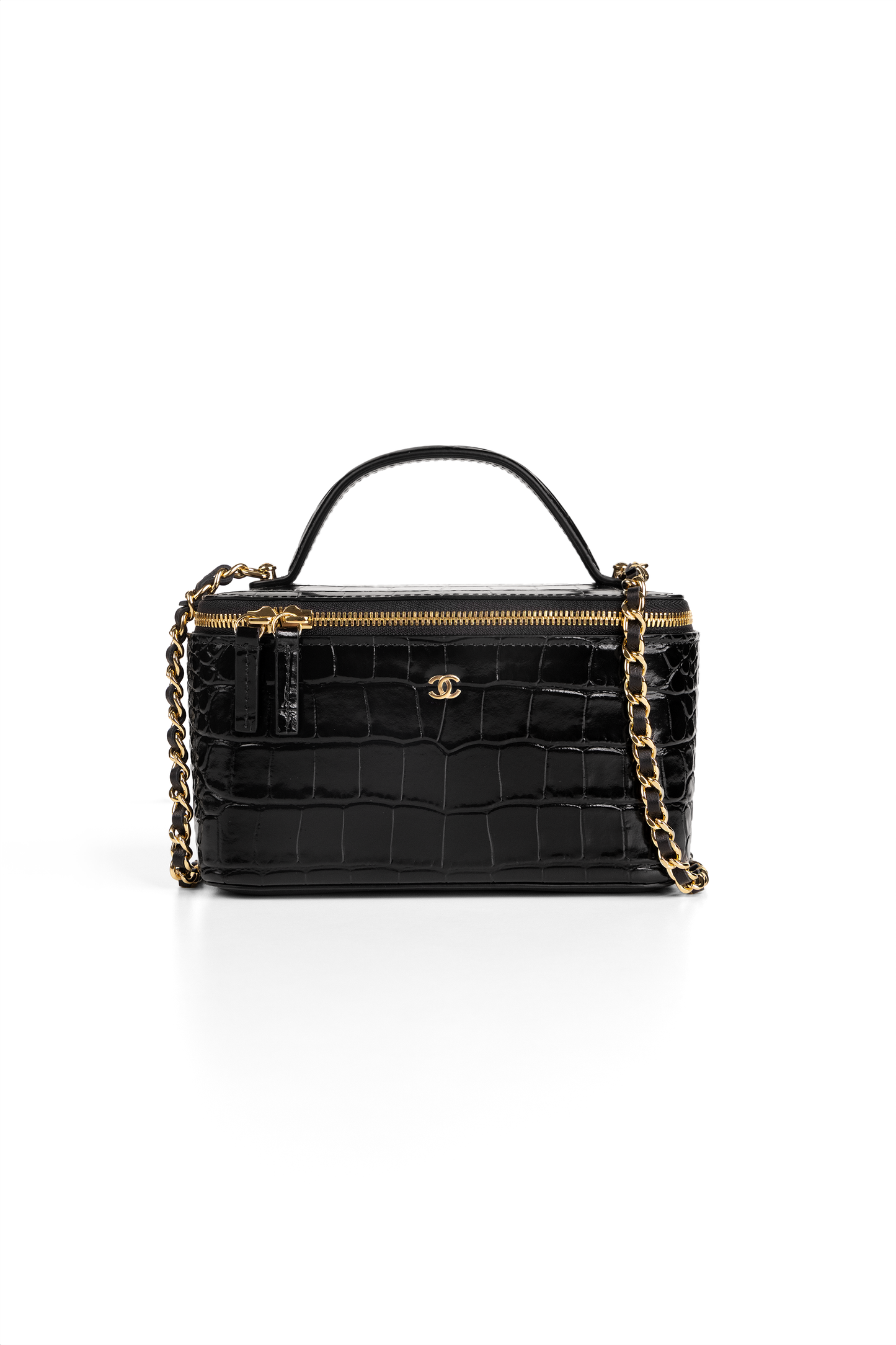 Chanel Black Crocodile Embossed Vanity Case with Chain