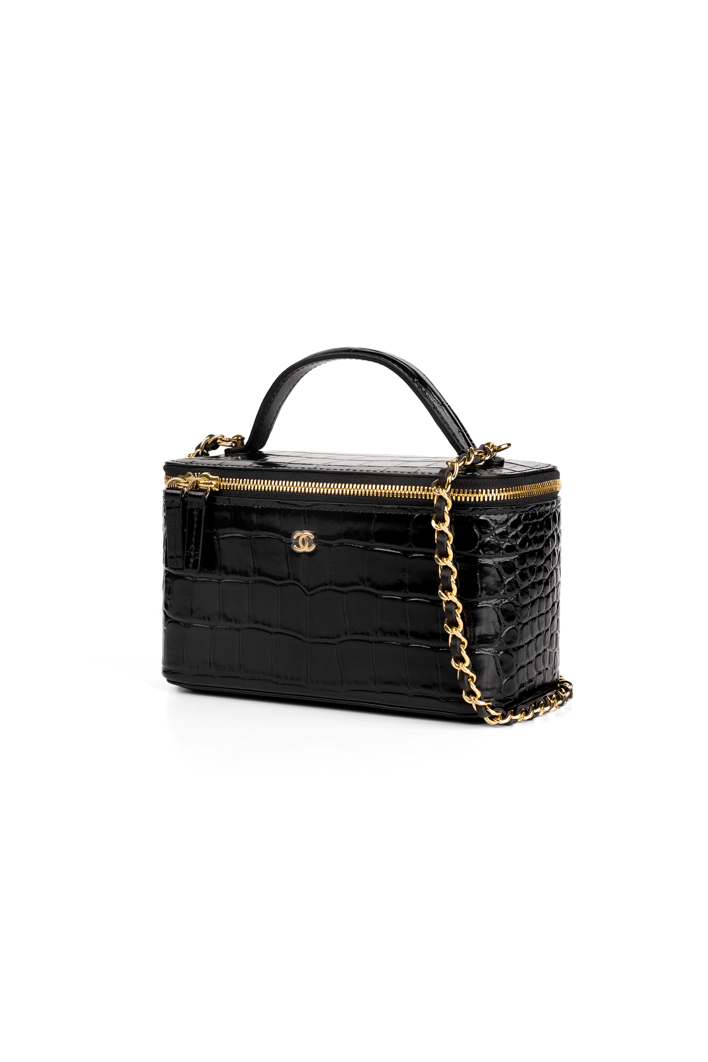 Chanel Black Crocodile Embossed Vanity Case with Chain