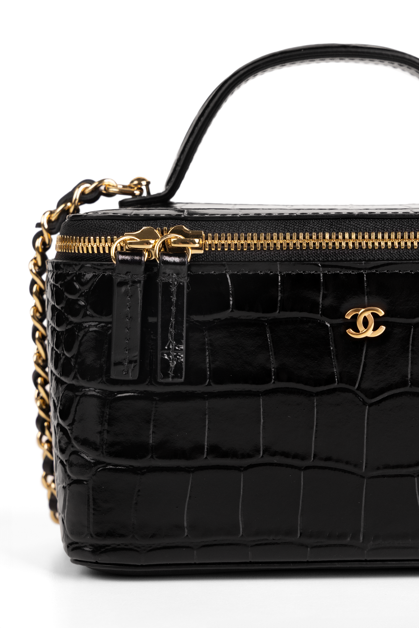 Chanel Black Crocodile Embossed Vanity Case with Chain