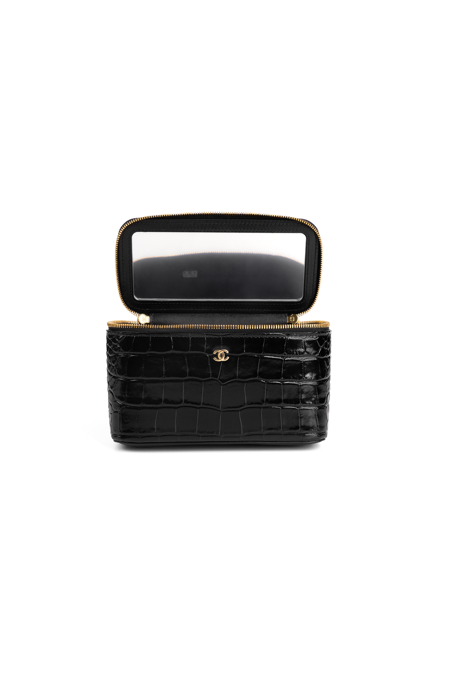 Chanel Black Crocodile Embossed Vanity Case with Chain